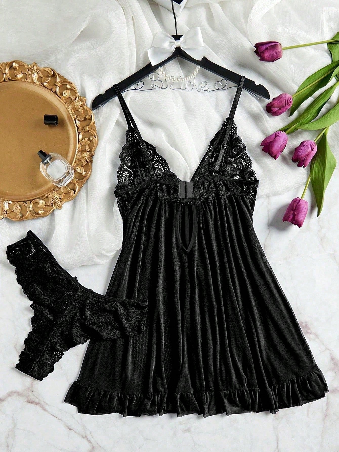 3pcs/Set Women Sexy Deep V Lace Lotus Lingerie Set, Versatile Sexy Sleepwear For Bedroom, Bathroom, Party