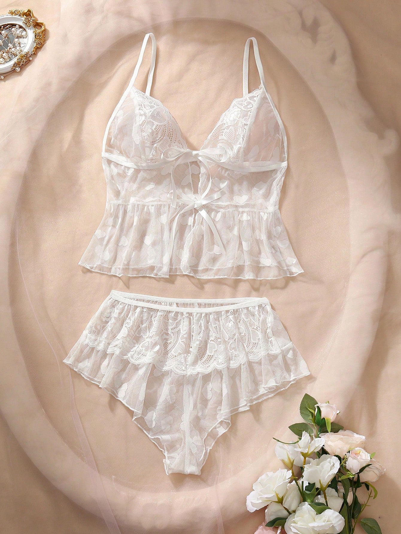 Women's Sexy Heart Pattern Lace Mesh Patchwork Front Tie Camisole And Panty Sleepwear Set, Summer Cozy And Elegant Details