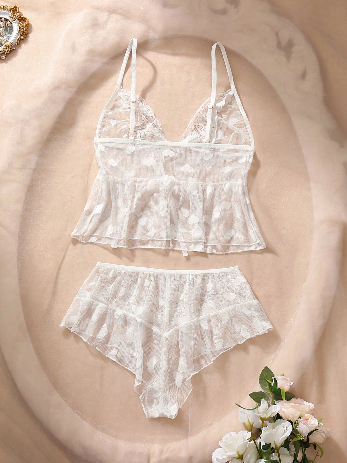 Women's Sexy Heart Pattern Lace Mesh Patchwork Front Tie Camisole And Panty Sleepwear Set, Summer Cozy And Elegant Details