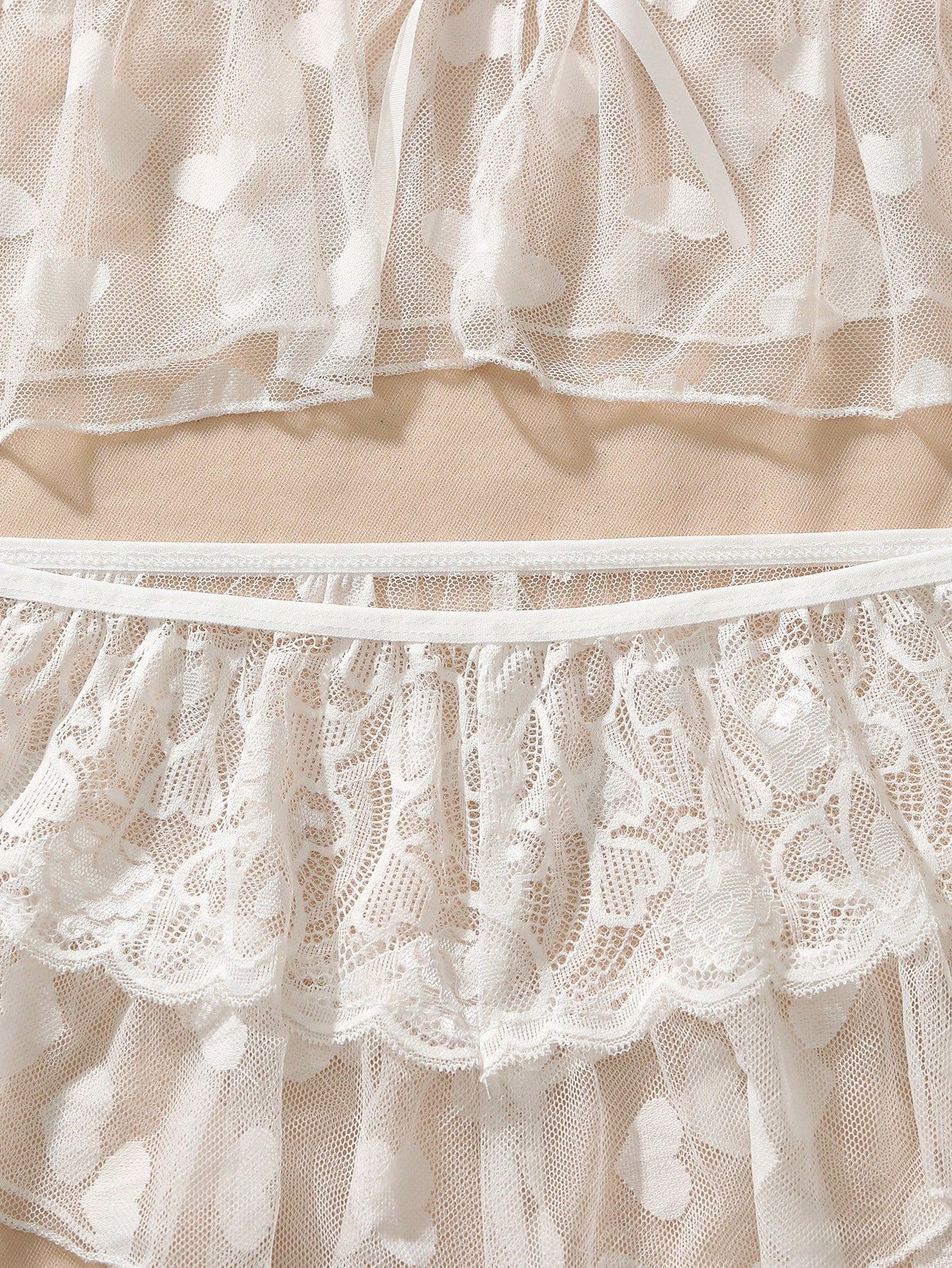 Women's Sexy Heart Pattern Lace Mesh Patchwork Front Tie Camisole And Panty Sleepwear Set, Summer Cozy And Elegant Details