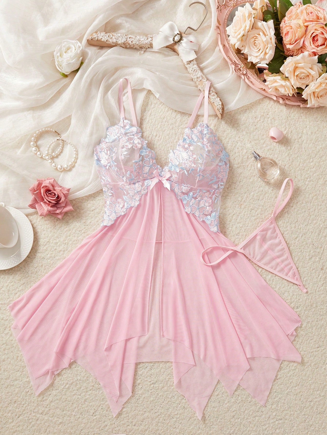 Kawaii Explore The Enchanting Middle East! Light Purple Embroidered Sheer Nightgown, Lightly Wraps Your Alluring Figure, Sexy Asymmetric/Asymmetrical Embroidered Thong