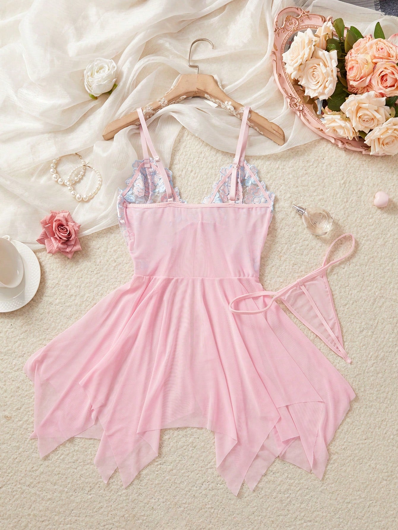 Kawaii Explore The Enchanting Middle East! Light Purple Embroidered Sheer Nightgown, Lightly Wraps Your Alluring Figure, Sexy Asymmetric/Asymmetrical Embroidered Thong