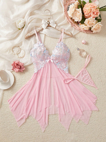 Kawaii Explore The Enchanting Middle East! Light Purple Embroidered Sheer Nightgown, Lightly Wraps Your Alluring Figure, Sexy Asymmetric/Asymmetrical Embroidered Thong