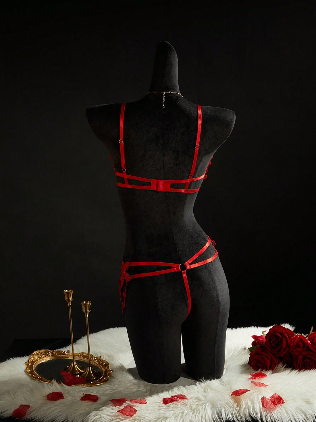 Red 2-piece floral embroidery sheer mesh lingerie set featuring underwire cups, adjustable spaghetti straps, backless design, and a matching high-rise thong.