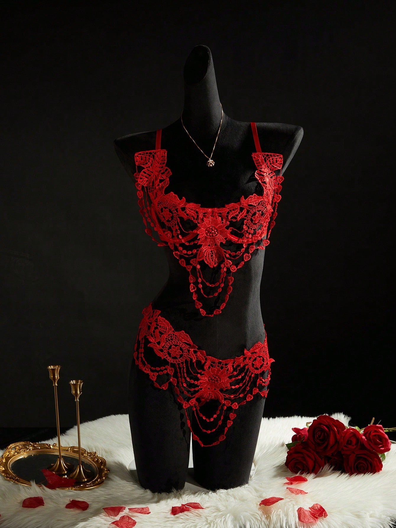 Red 2-piece floral embroidery sheer mesh lingerie set featuring underwire cups, adjustable spaghetti straps, backless design, and a matching high-rise thong.