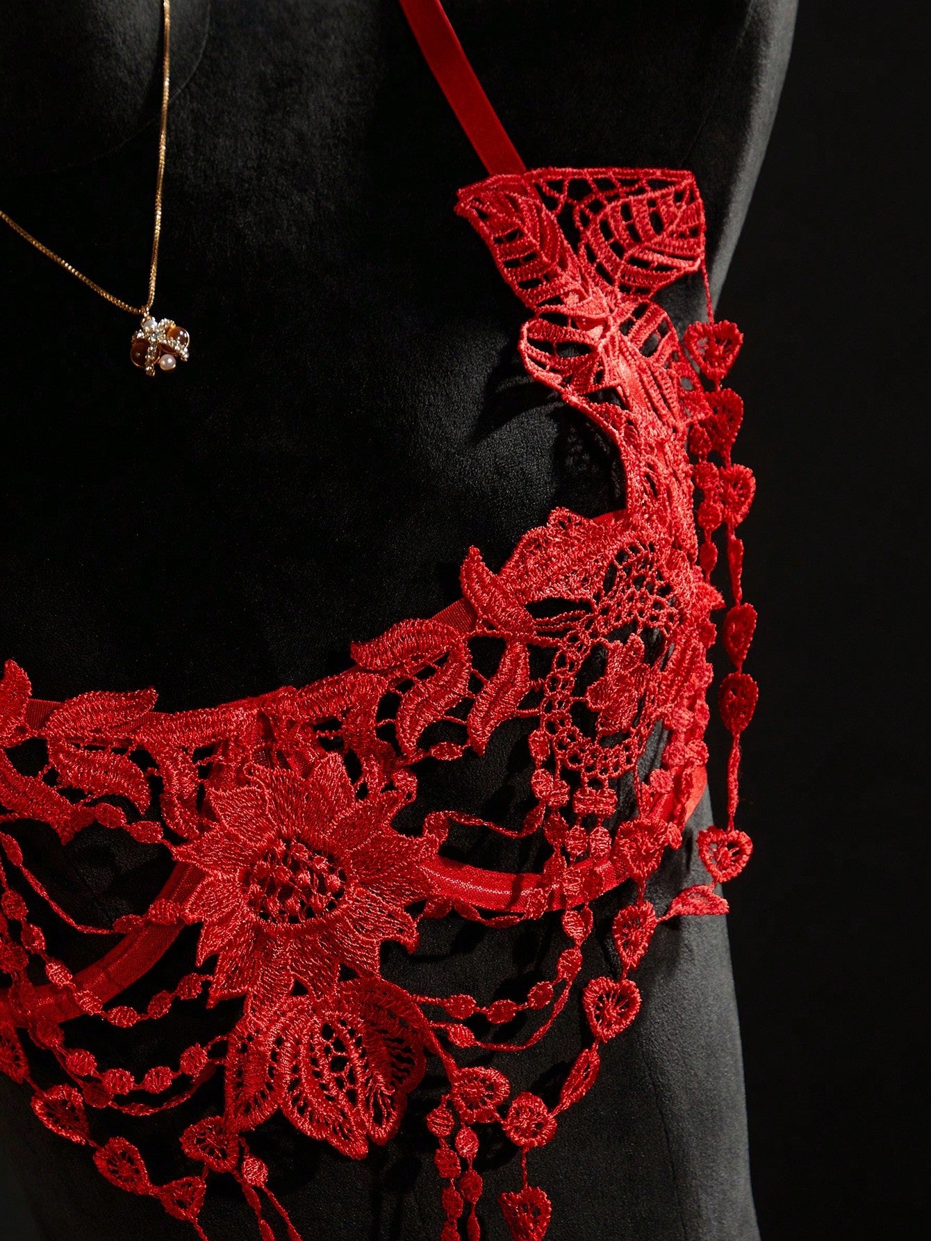 Red 2-piece floral embroidery sheer mesh lingerie set featuring underwire cups, adjustable spaghetti straps, backless design, and a matching high-rise thong.