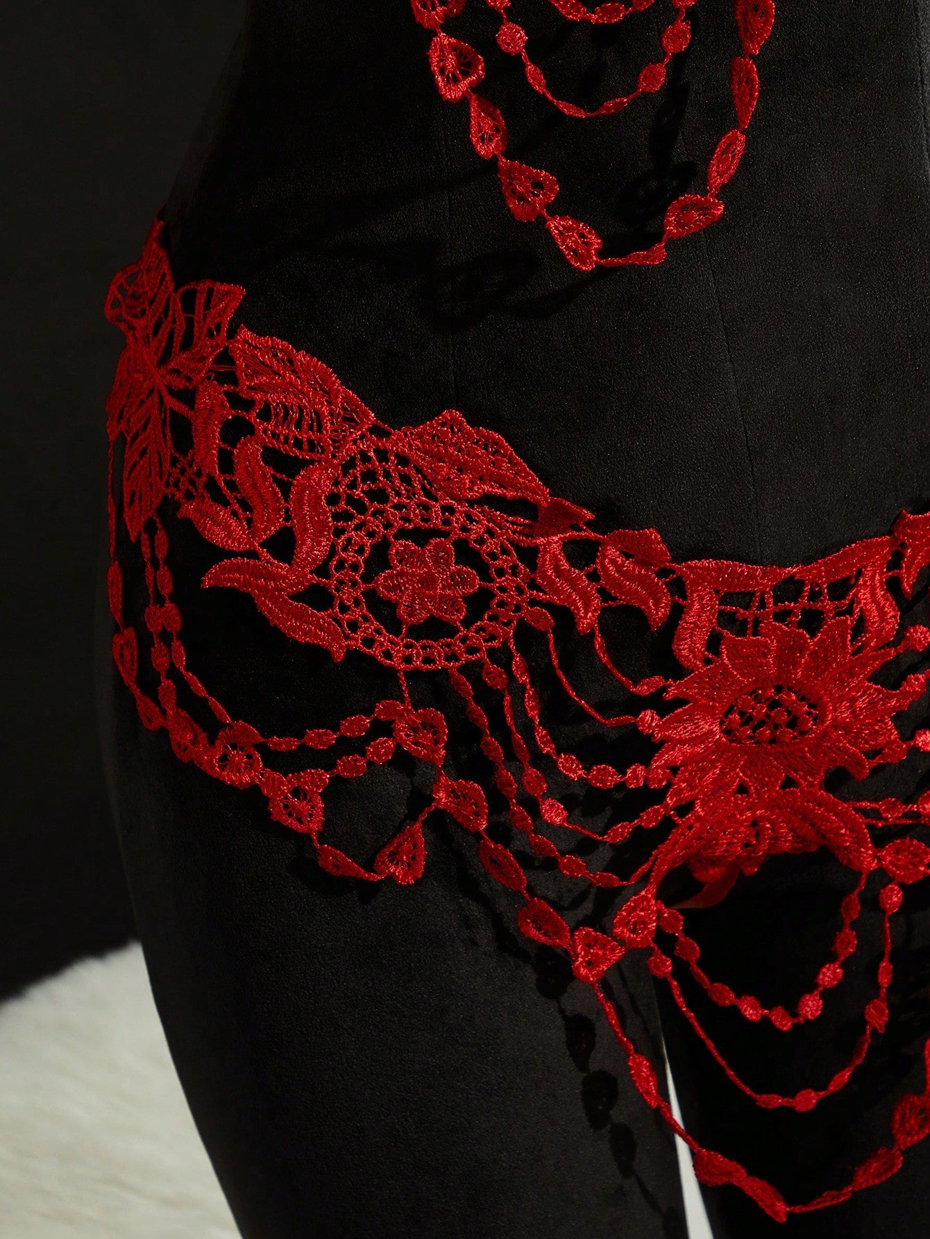 Red 2-piece floral embroidery sheer mesh lingerie set featuring underwire cups, adjustable spaghetti straps, backless design, and a matching high-rise thong.