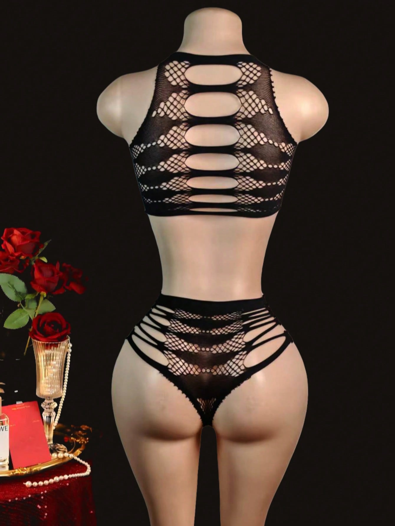Two-piece women’s sexy lingerie set featuring a lace jumpsuit-style design with a sleeveless crop top, wireless full-cup fit, and semi-sheer high-stretch knitted fabric.