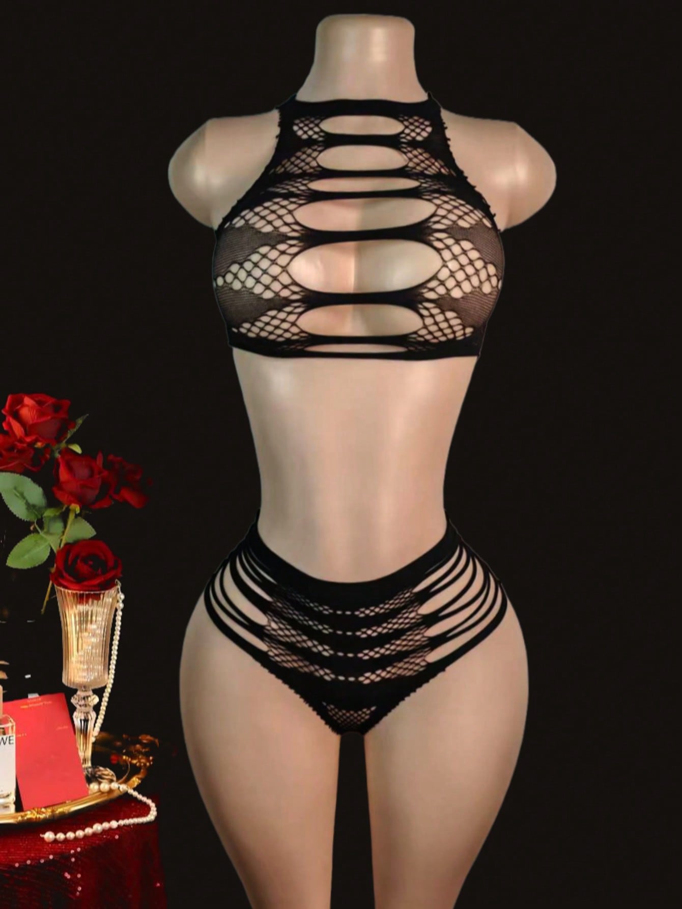 Two-piece women’s sexy lingerie set featuring a lace jumpsuit-style design with a sleeveless crop top, wireless full-cup fit, and semi-sheer high-stretch knitted fabric.