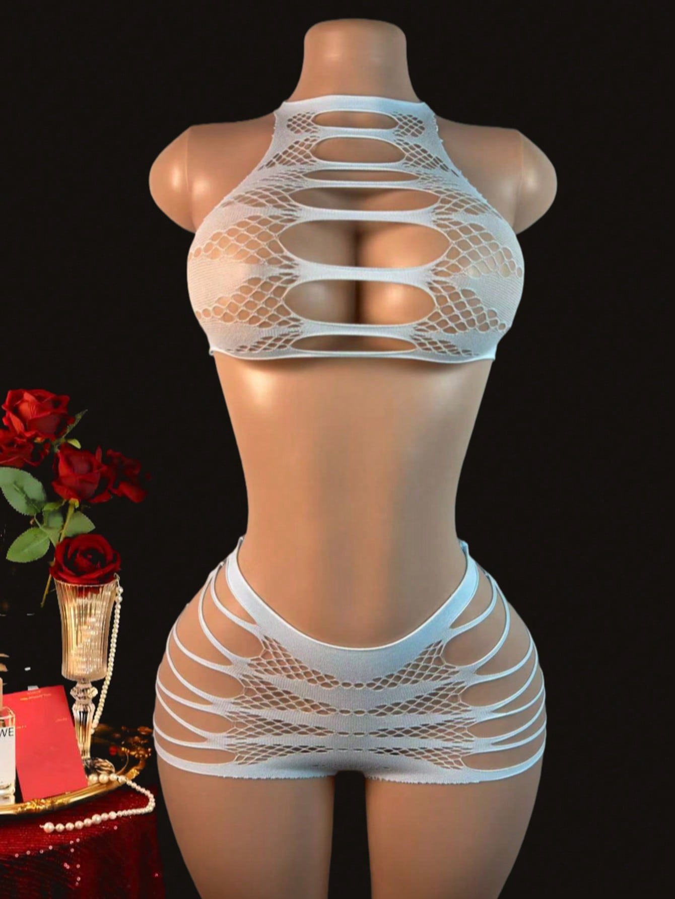 Two-piece women’s sexy lingerie set featuring a lace jumpsuit-style design with a sleeveless crop top, wireless full-cup fit, and semi-sheer high-stretch knitted fabric.