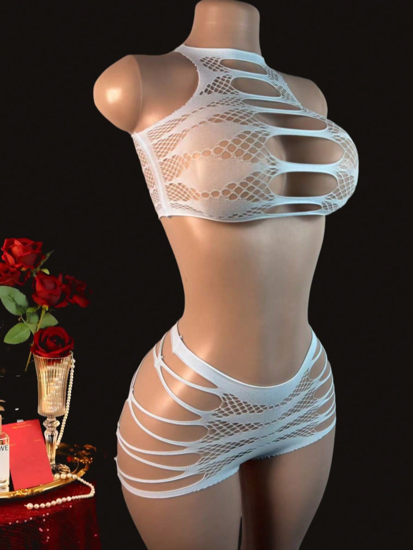 Two-piece women’s sexy lingerie set featuring a lace jumpsuit-style design with a sleeveless crop top, wireless full-cup fit, and semi-sheer high-stretch knitted fabric.