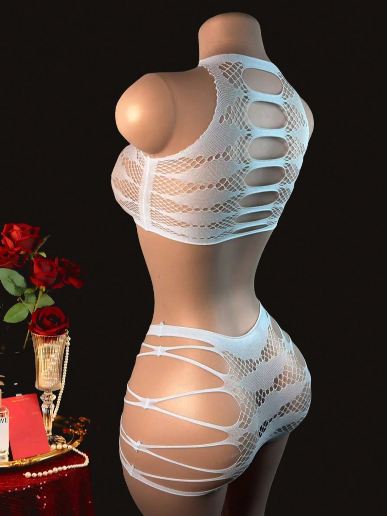 Two-piece women’s sexy lingerie set featuring a lace jumpsuit-style design with a sleeveless crop top, wireless full-cup fit, and semi-sheer high-stretch knitted fabric.