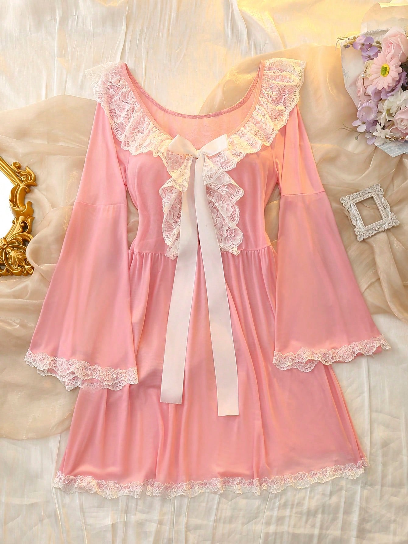 Women's Sexy Pink Mesh Mini Nightgowns With Flounce Sleeves And Contrast Lace Detail, Semi-Sheer Scoop Neck Sleep Dress