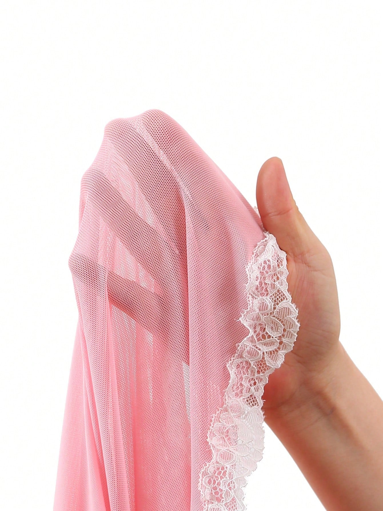 Women's Sexy Pink Mesh Mini Nightgowns With Flounce Sleeves And Contrast Lace Detail, Semi-Sheer Scoop Neck Sleep Dress