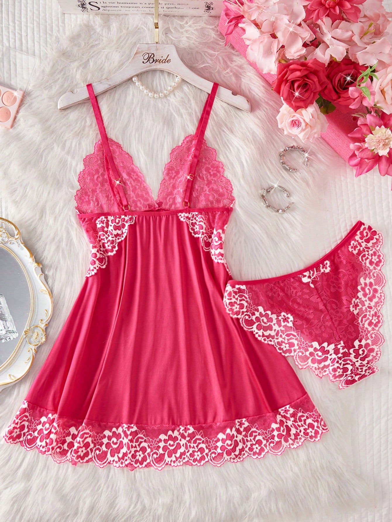 2pcs Contrast Floral Lace Sleepwear Set, V-Neck Semi-Sheer Bow Tie Nightgown And Panties, Elegant Women Pajamas