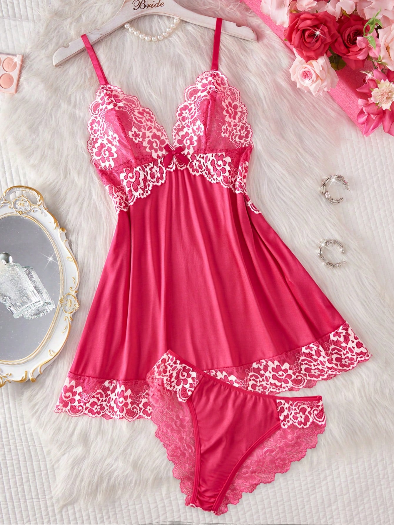 2pcs Contrast Floral Lace Sleepwear Set, V-Neck Semi-Sheer Bow Tie Nightgown And Panties, Elegant Women Pajamas