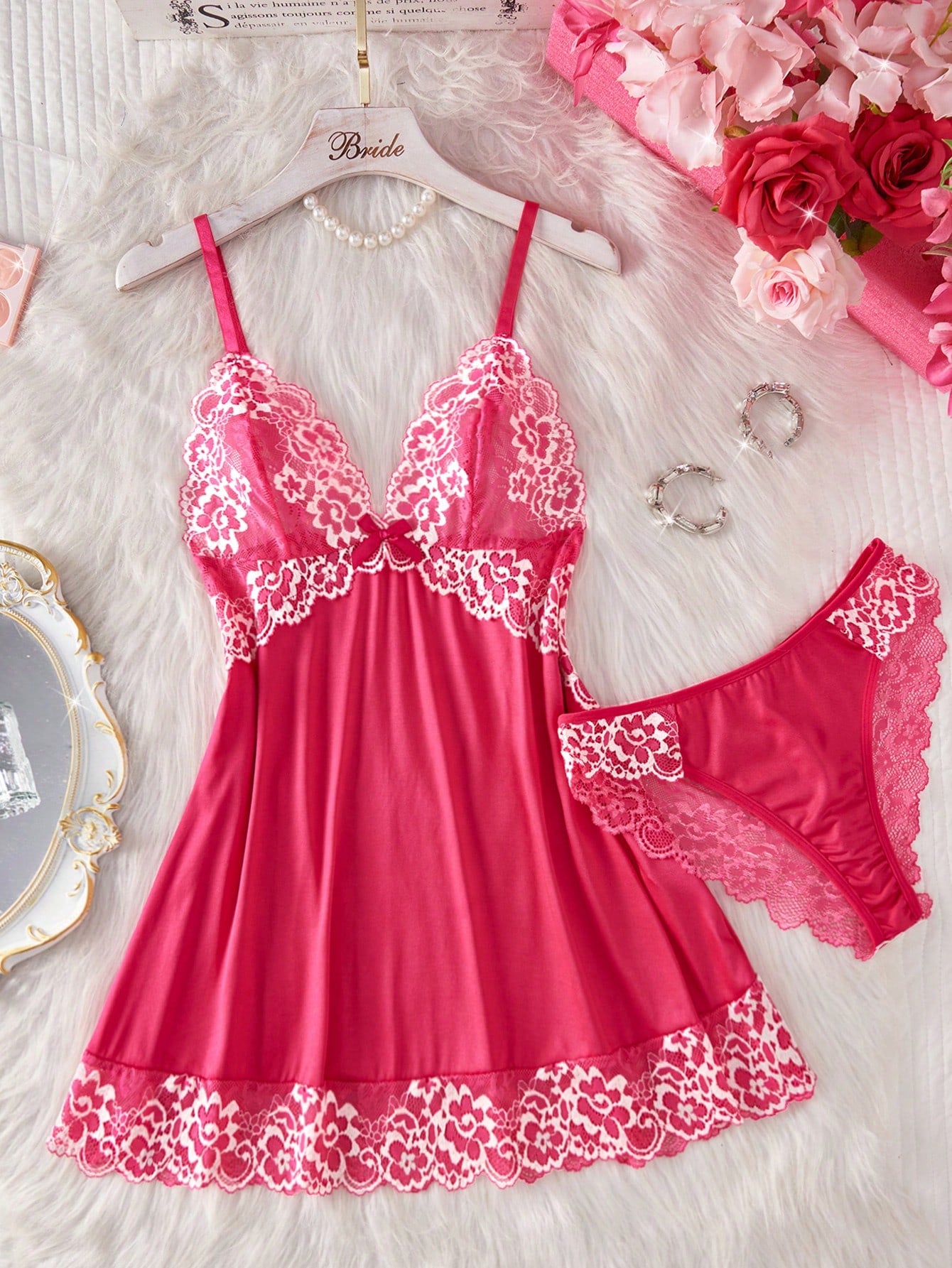 2pcs Contrast Floral Lace Sleepwear Set, V-Neck Semi-Sheer Bow Tie Nightgown And Panties, Elegant Women Pajamas
