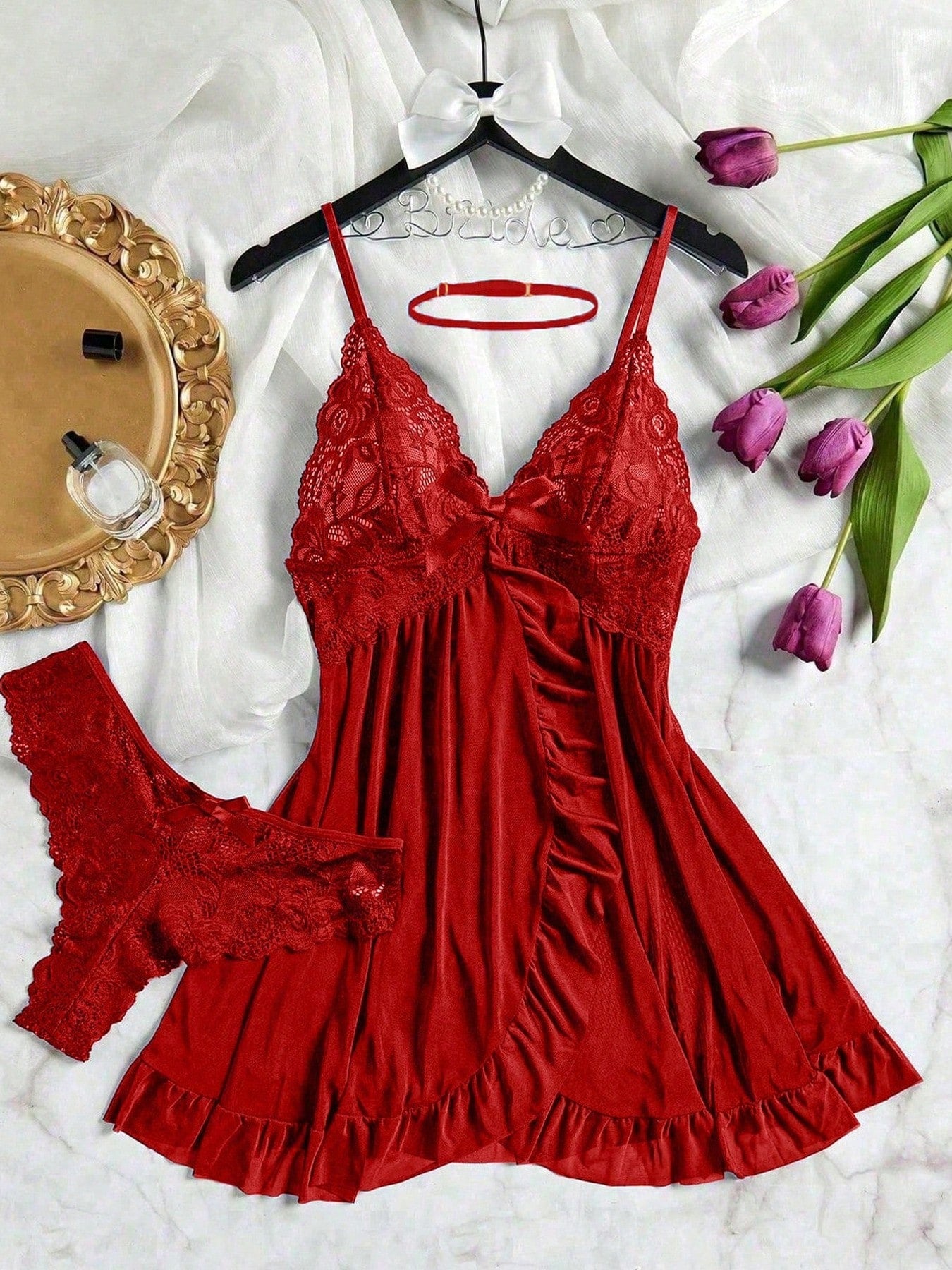 3pcs/Set Women Sexy Deep V Lace Lotus Lingerie Set, Versatile Sexy Sleepwear For Bedroom, Bathroom, Party