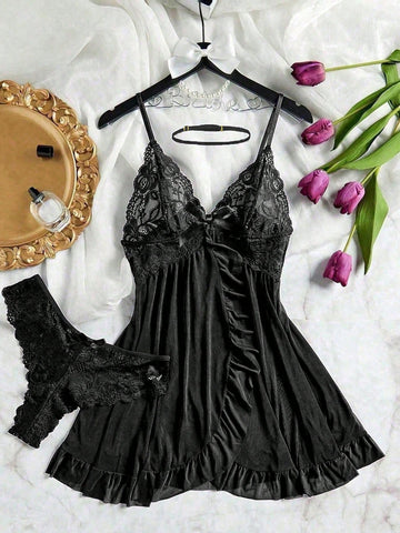 3pcs/Set Women Sexy Deep V Lace Lotus Lingerie Set, Versatile Sexy Sleepwear For Bedroom, Bathroom, Party