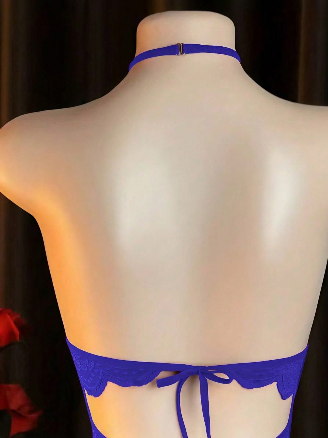 Women’s sexy lingerie set featuring an off-shoulder design with hollow-out detailing, contrast lace, and bow accent in a plain pattern.