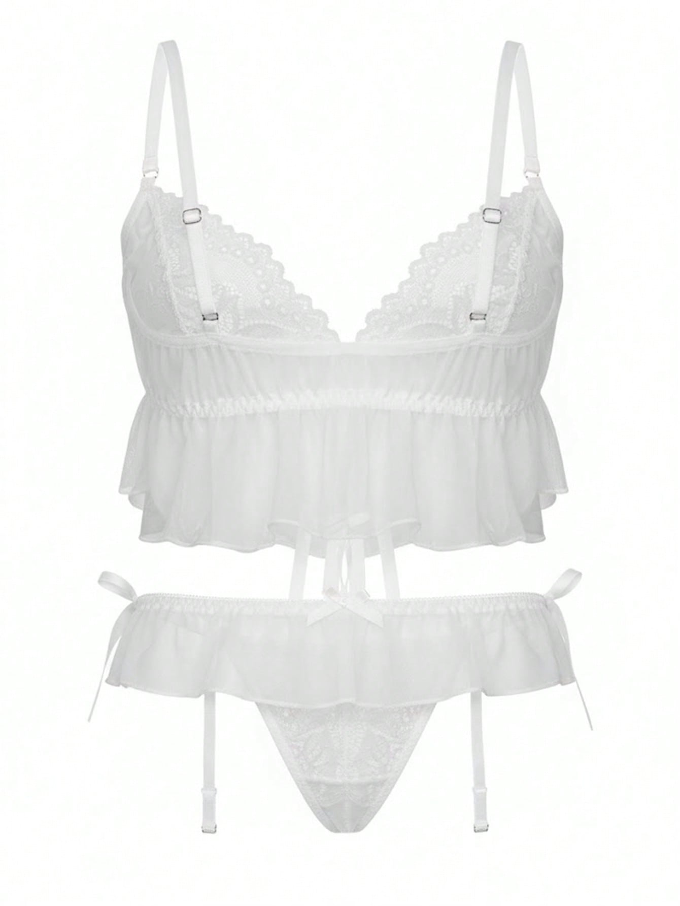 Two-piece women’s lingerie set featuring a sheer mesh lace ruffle bralette with triangle plunge cups, adjustable straps, backless tie-front design, and a matching mid-rise thong.