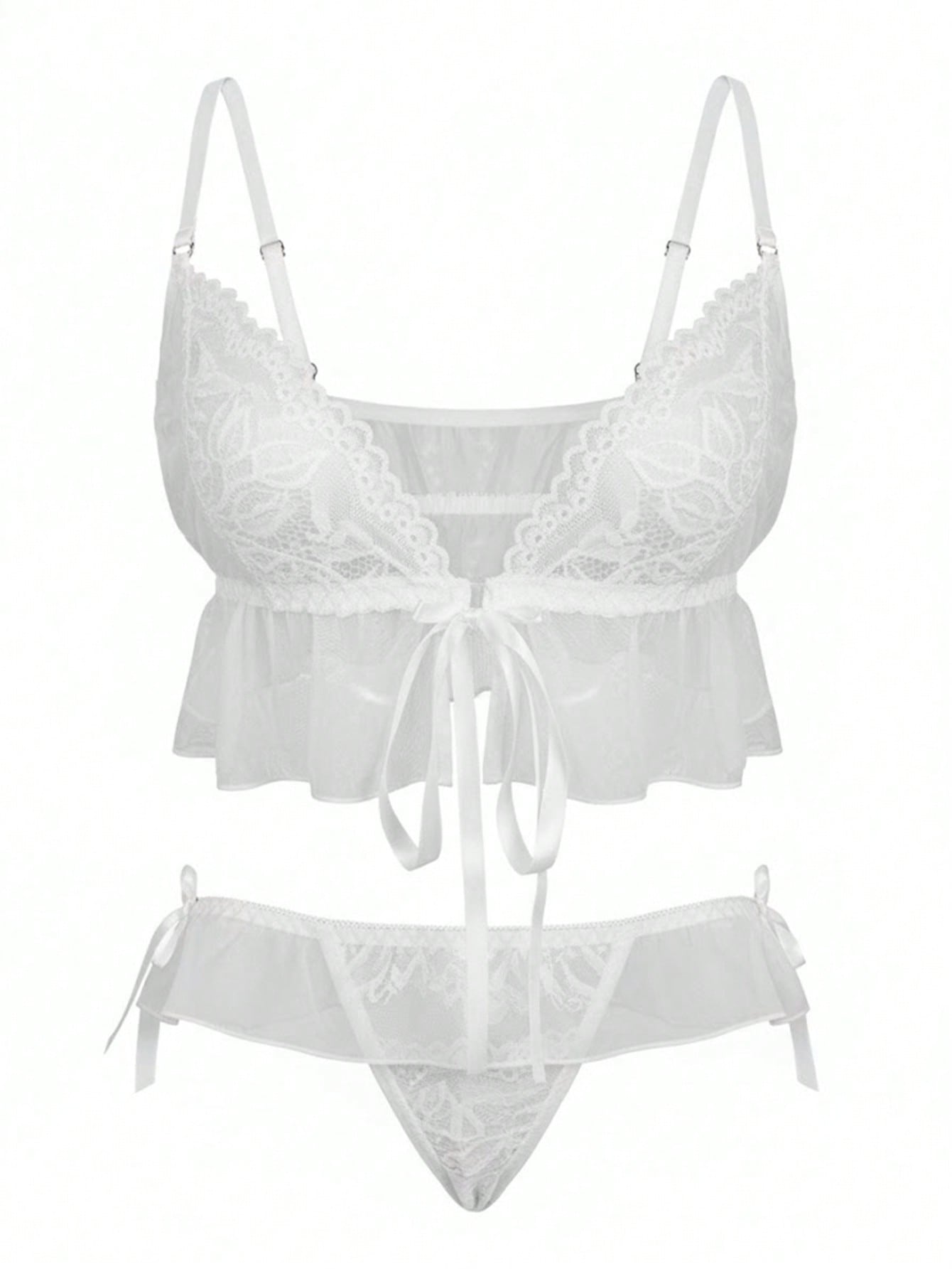 Two-piece women’s lingerie set featuring a sheer mesh lace ruffle bralette with triangle plunge cups, adjustable straps, backless tie-front design, and a matching mid-rise thong.