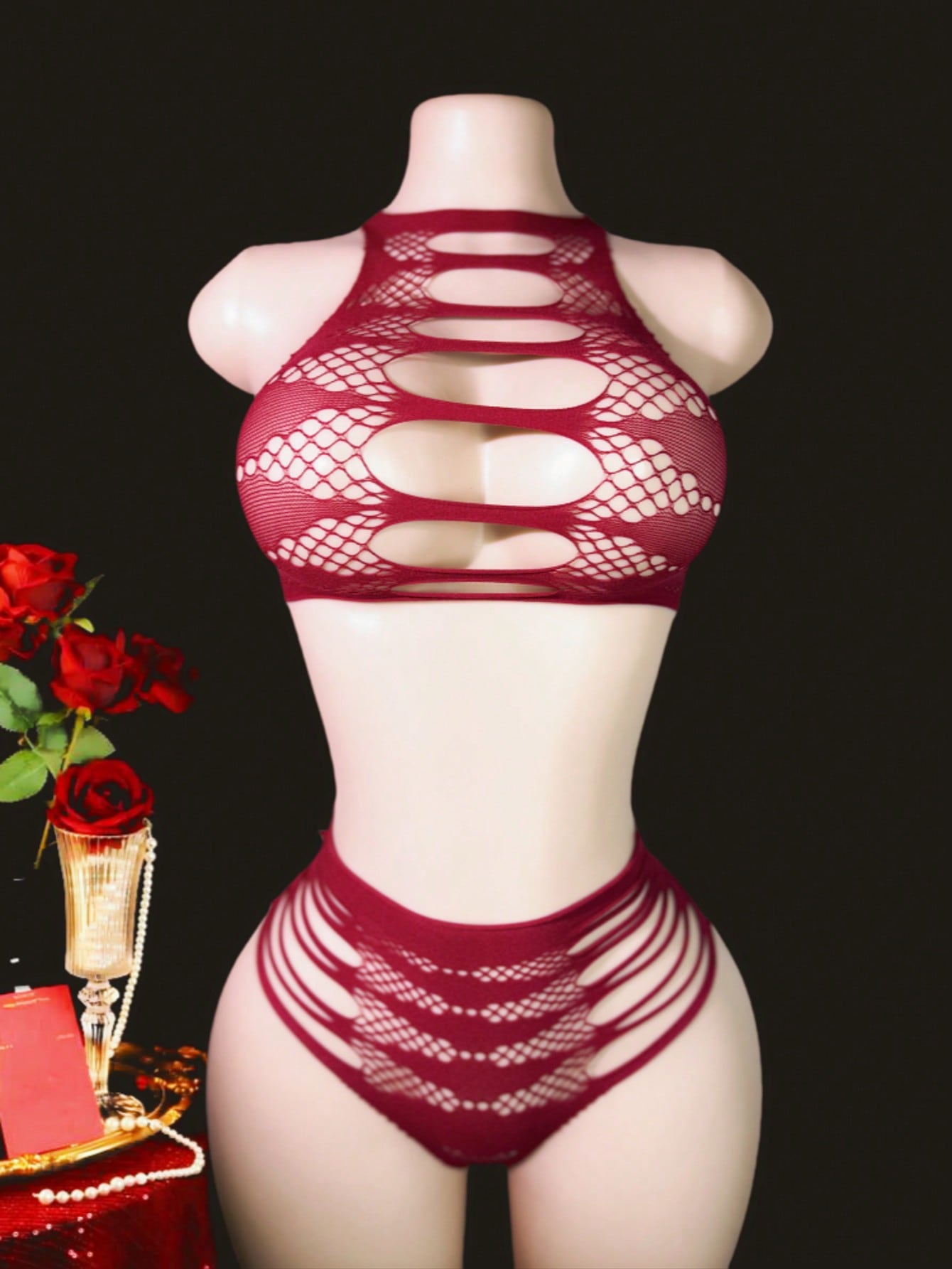 Two-piece women’s sexy lingerie set featuring a lace jumpsuit-style design with a sleeveless crop top, wireless full-cup fit, and semi-sheer high-stretch knitted fabric.