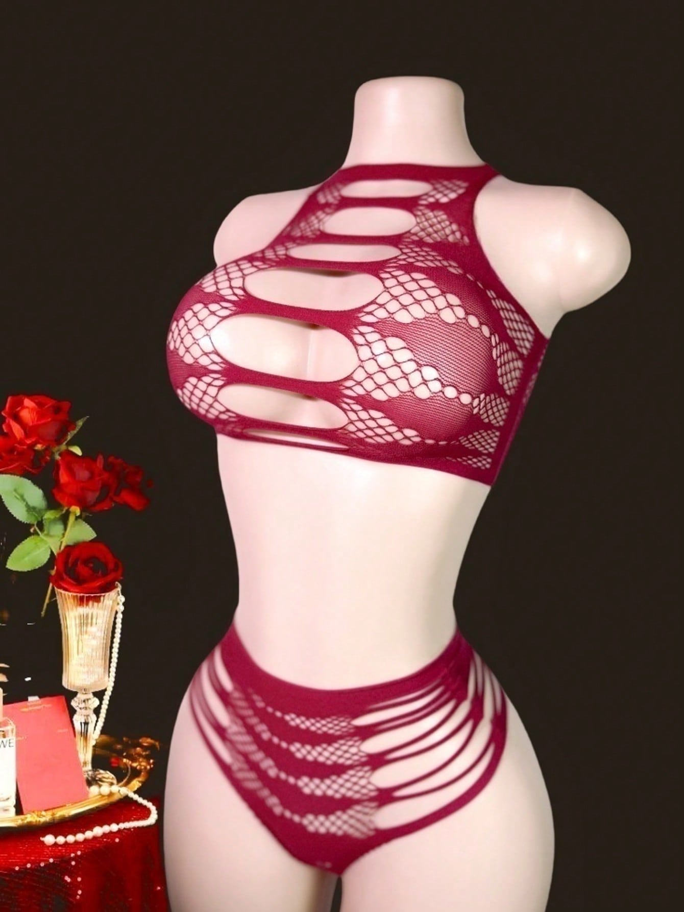 Two-piece women’s sexy lingerie set featuring a lace jumpsuit-style design with a sleeveless crop top, wireless full-cup fit, and semi-sheer high-stretch knitted fabric.