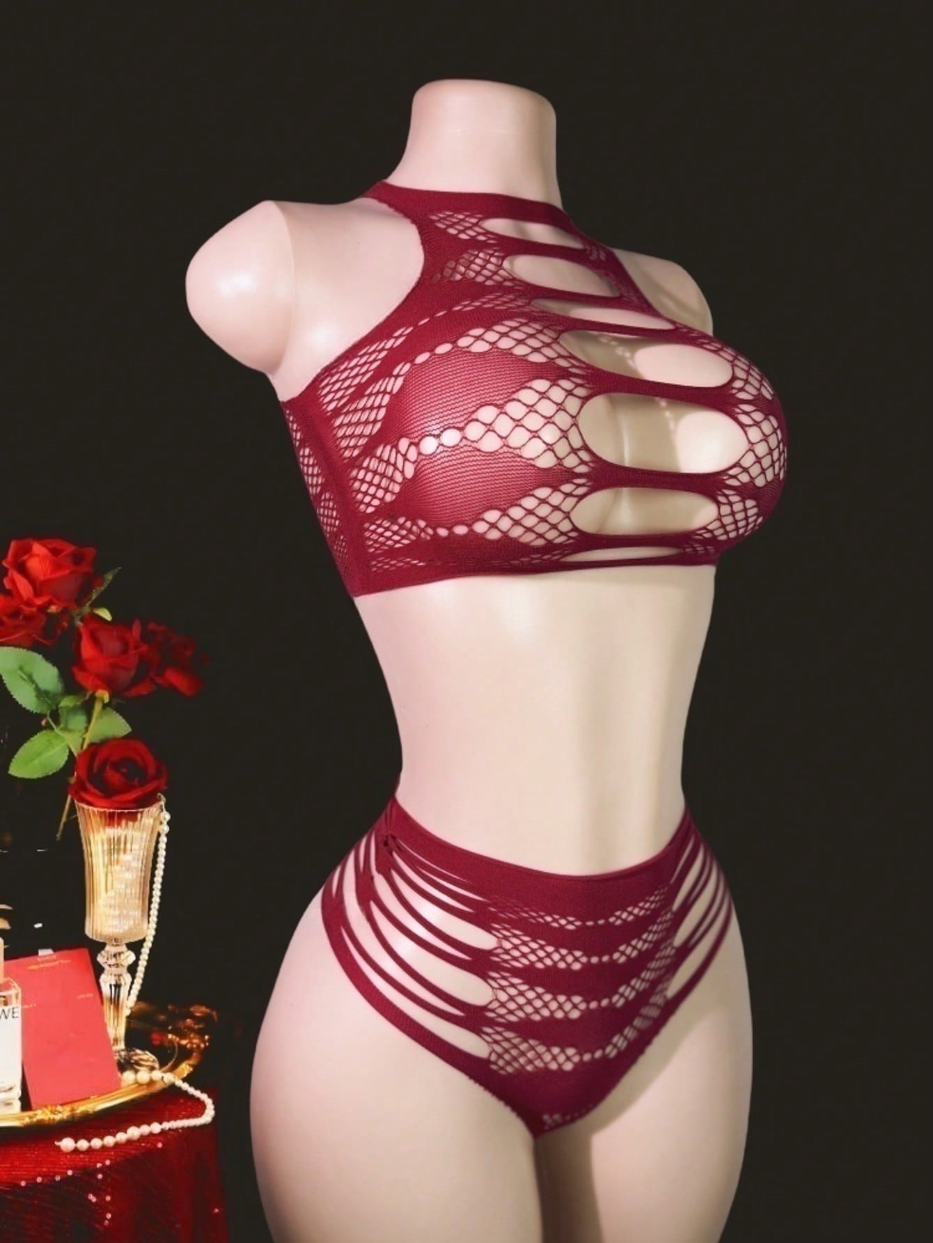 Two-piece women’s sexy lingerie set featuring a lace jumpsuit-style design with a sleeveless crop top, wireless full-cup fit, and semi-sheer high-stretch knitted fabric.