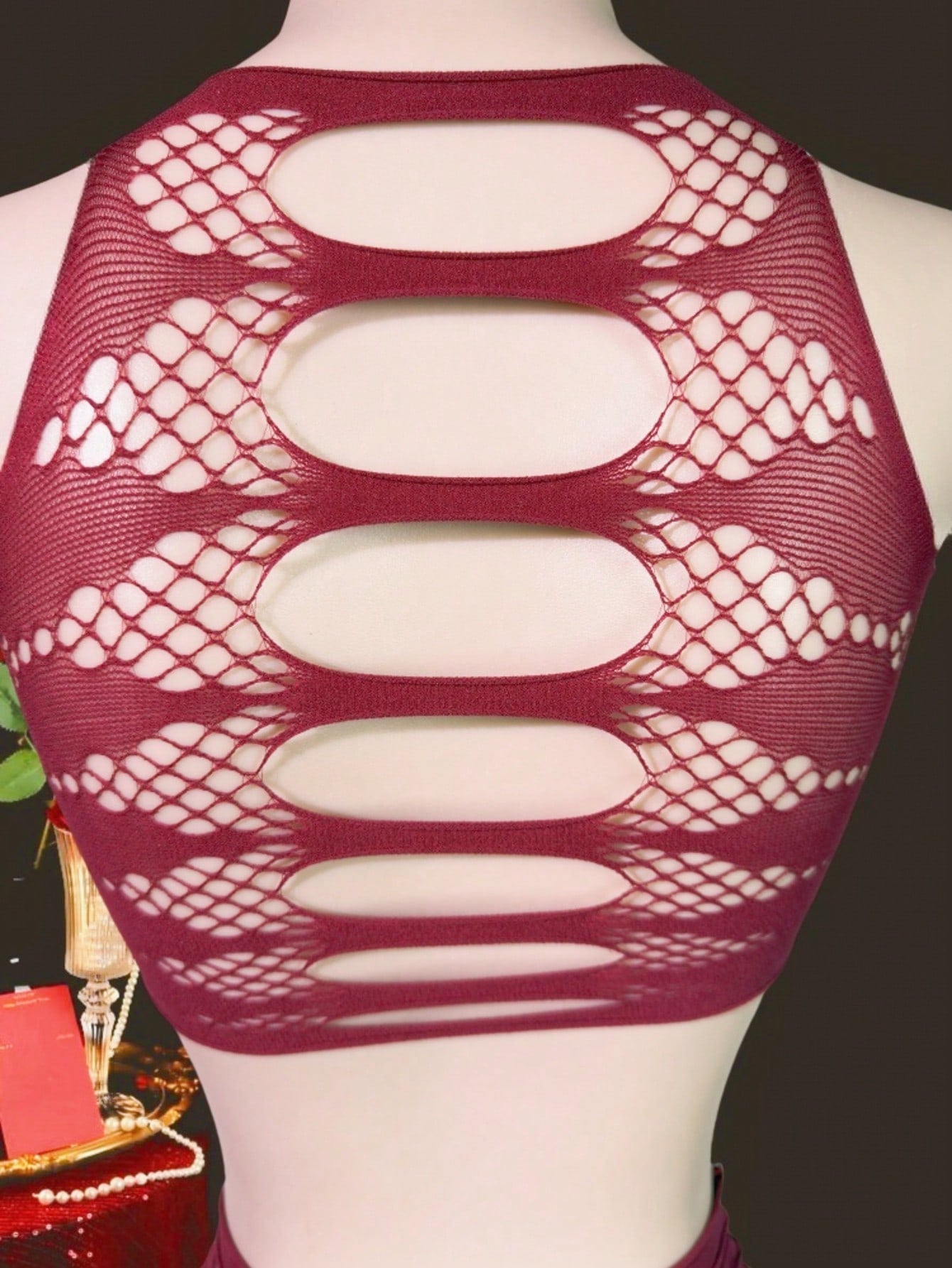 Two-piece women’s sexy lingerie set featuring a lace jumpsuit-style design with a sleeveless crop top, wireless full-cup fit, and semi-sheer high-stretch knitted fabric.