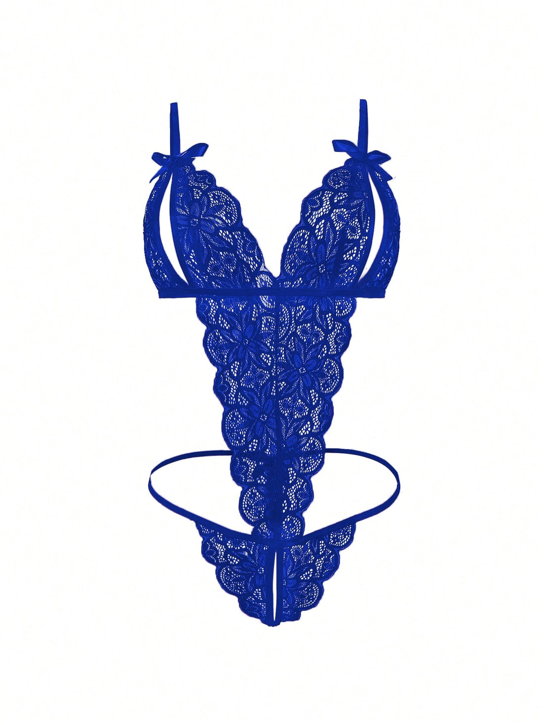Navy blue floral lace crotchless teddy bodysuit lingerie with scallop trim, spaghetti straps, bow detail, sheer cut-out design, and thong-style bottom.