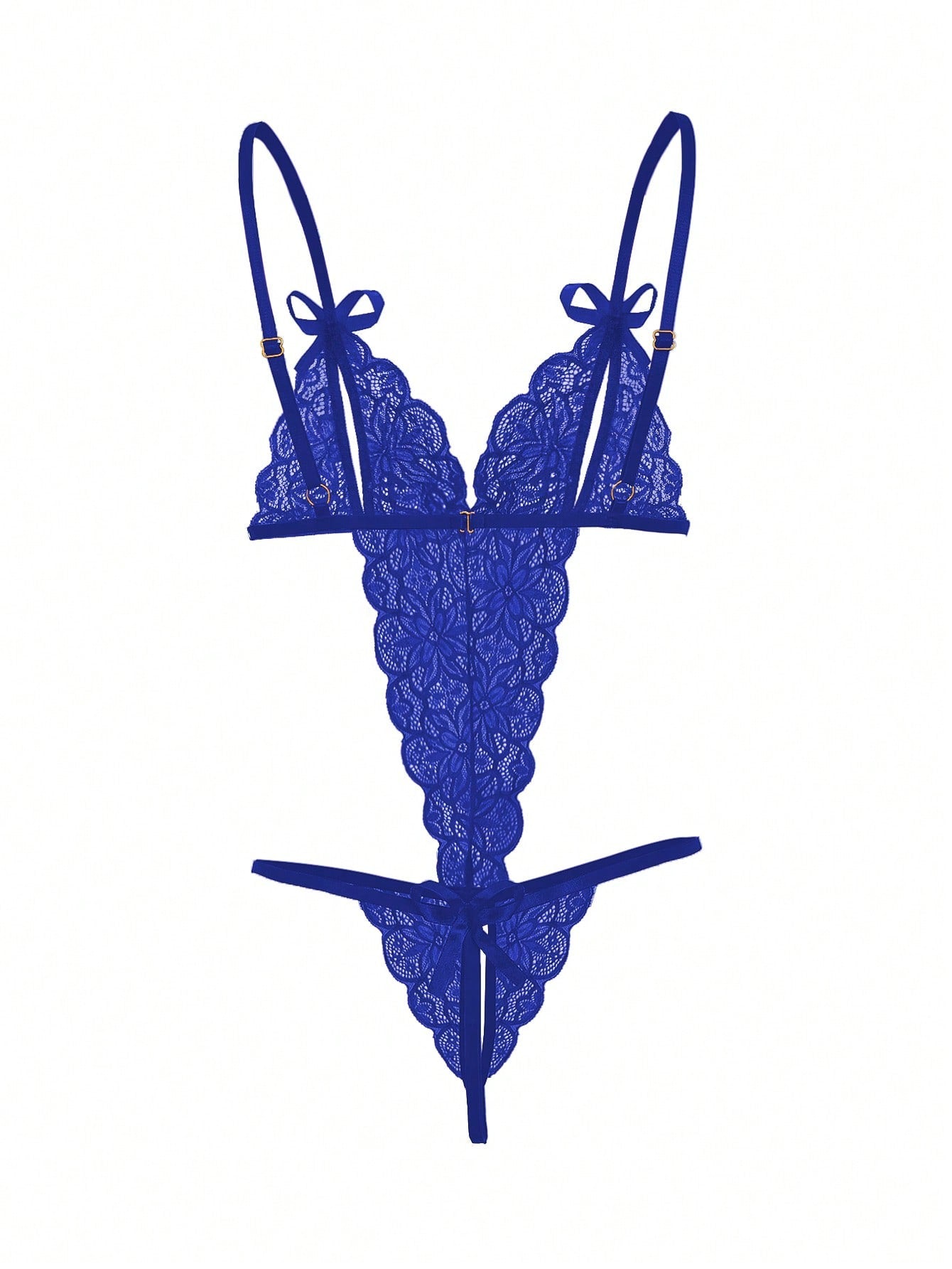 Navy blue floral lace crotchless teddy bodysuit lingerie with scallop trim, spaghetti straps, bow detail, sheer cut-out design, and thong-style bottom.