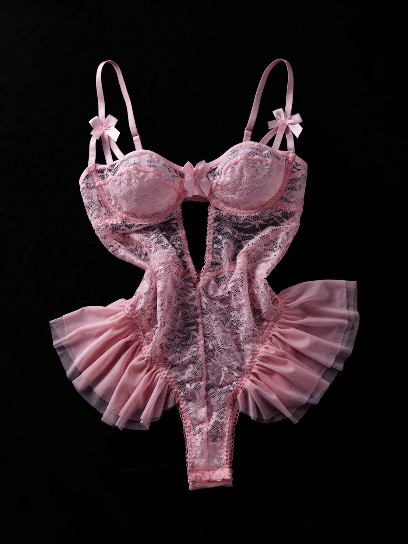 Women’s butterfly lace and mesh lingerie jumpsuit with ruffled trim, underwire cups, bow detail, cut-out accents, sheer fabric, and adjustable spaghetti straps.