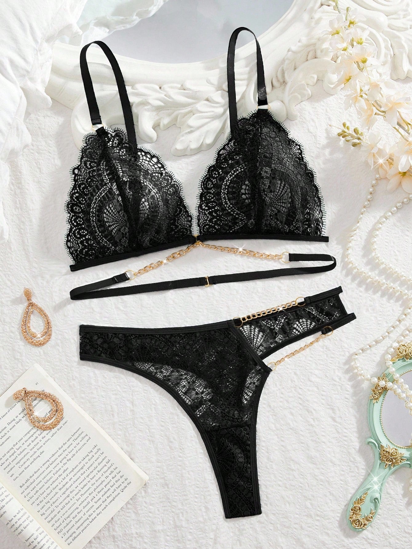 MidnightGlam women’s 2-piece lingerie set featuring a wireless lace bralette with adjustable straps and a matching low-rise G-string thong, designed in a plain semi-sheer style with light support.