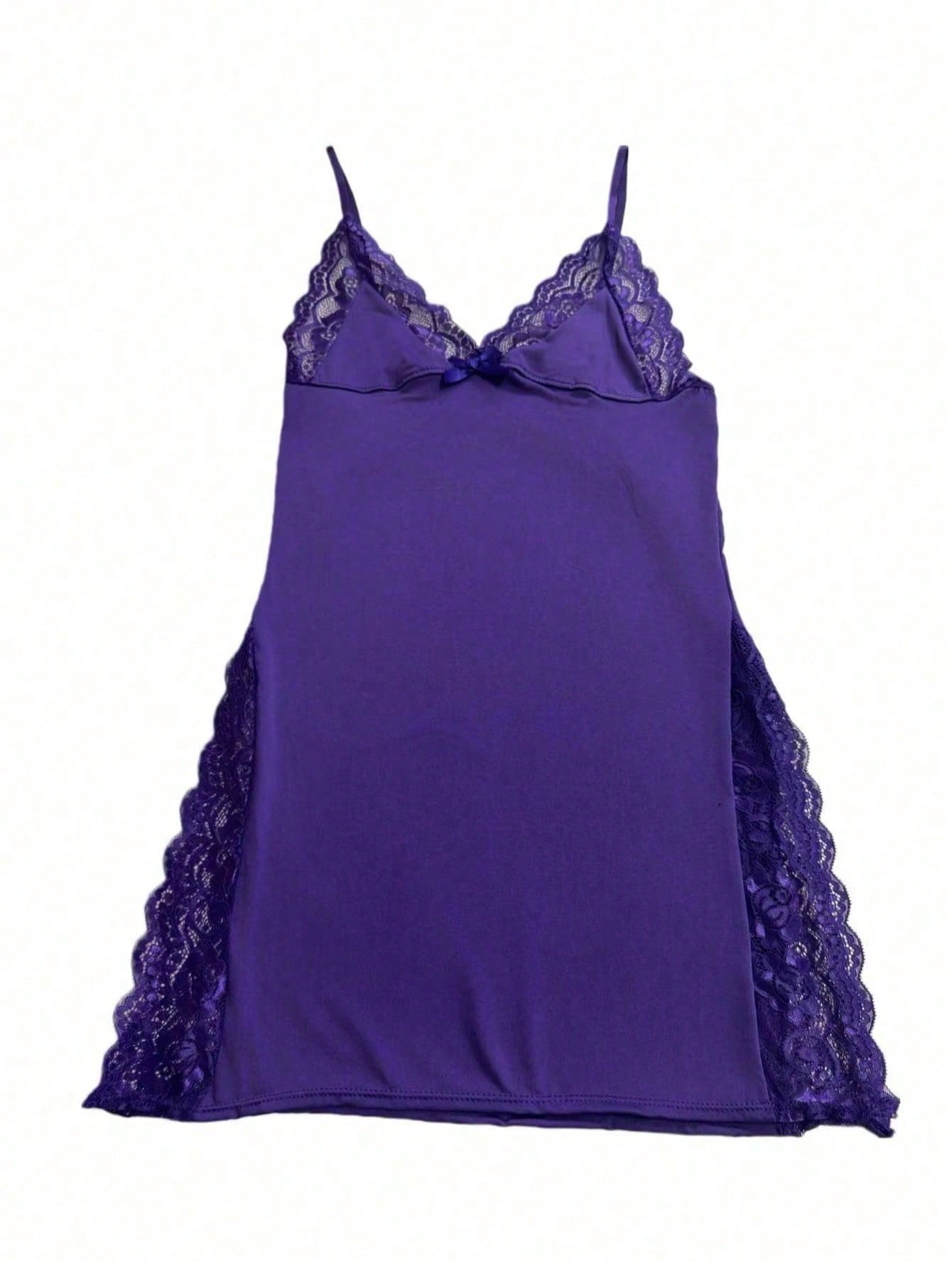 1pc Sexy Lace Trimmed Milk Silk Nightgown, Comfortable Lingerie For Going Out