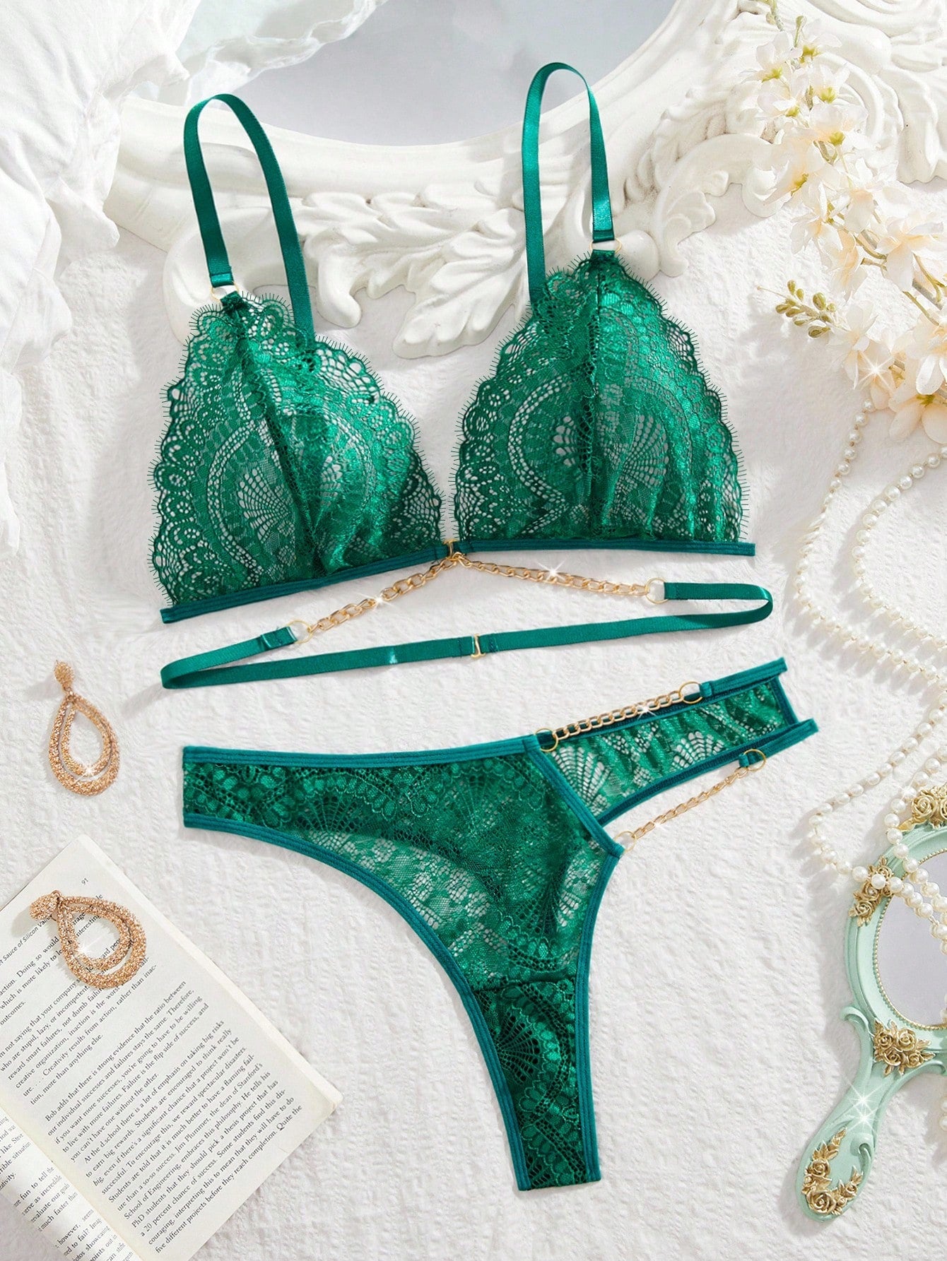 MidnightGlam women’s 2-piece lingerie set featuring a wireless lace bralette with adjustable straps and a matching low-rise G-string thong, designed in a plain semi-sheer style with light support.
