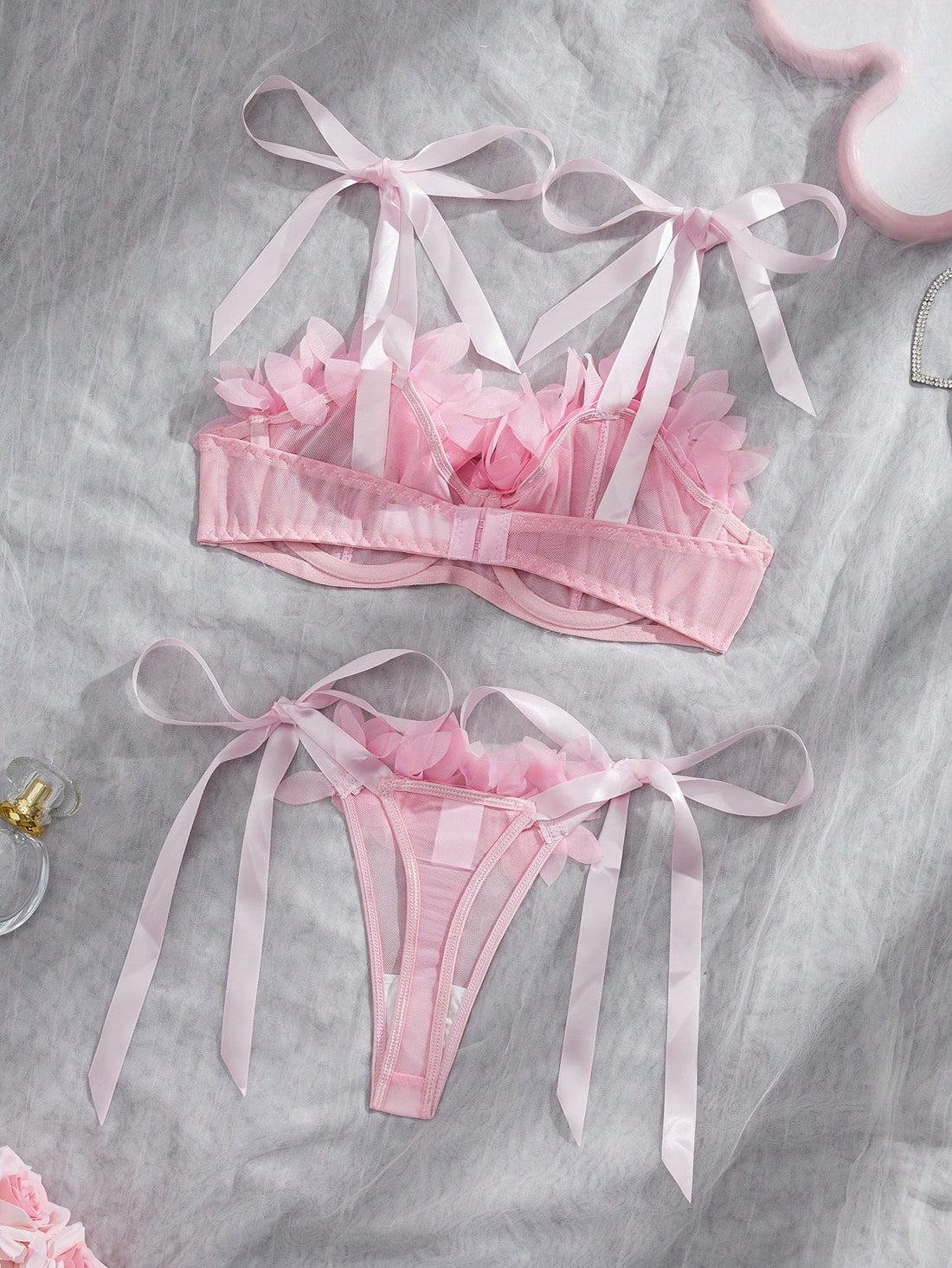 Kawaii 2pcs Women's Sexy Lingerie Set, Pink Mesh Bra With Exaggerated 3D Floral Lace, Tie-Up Design, Suitable For Valentine's Day