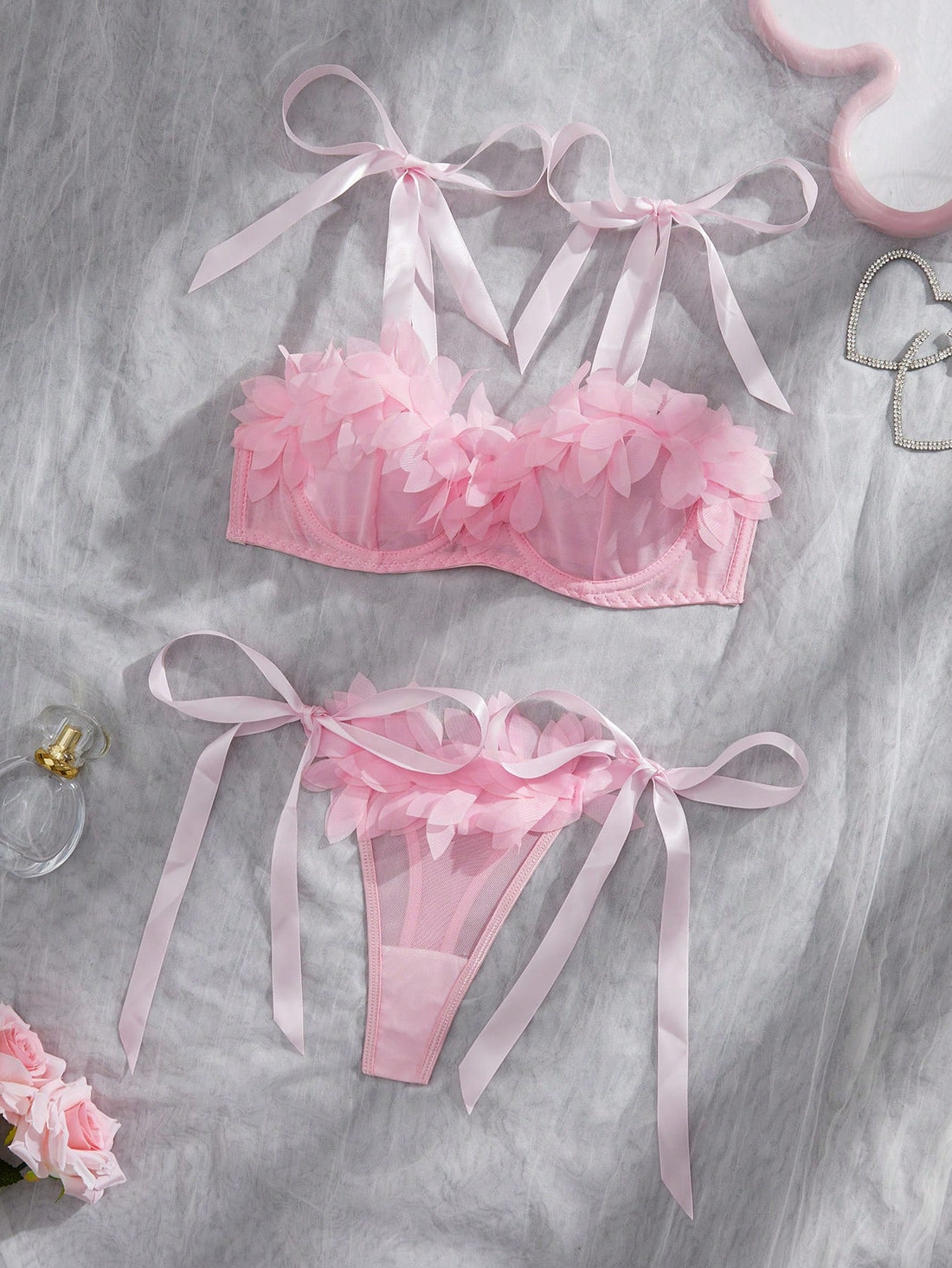 Kawaii 2pcs Women's Sexy Lingerie Set, Pink Mesh Bra With Exaggerated 3D Floral Lace, Tie-Up Design, Suitable For Valentine's Day