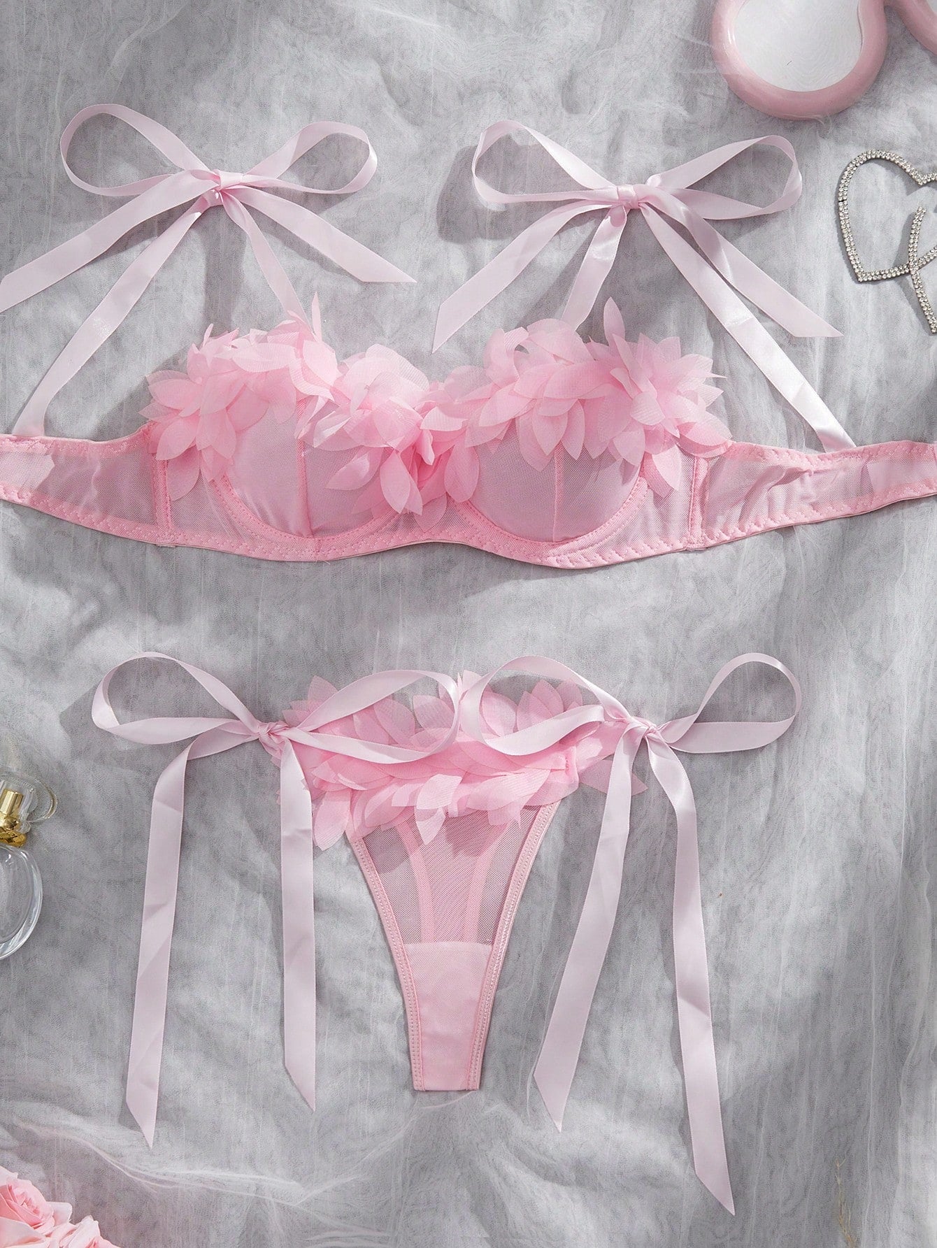 Kawaii 2pcs Women's Sexy Lingerie Set, Pink Mesh Bra With Exaggerated 3D Floral Lace, Tie-Up Design, Suitable For Valentine's Day