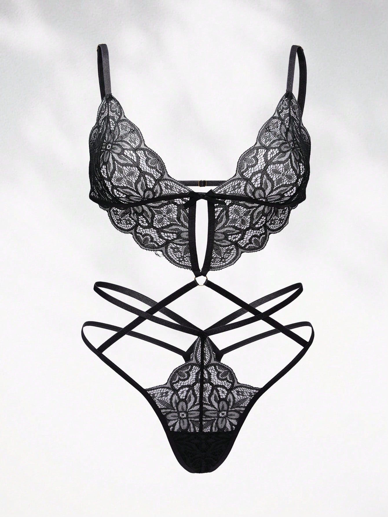 Women’s classic sexy lace bodysuit with cut-out detail, V-neckline, adjustable spaghetti straps, wireless bralette, thong-style bottom, and semi-sheer fabric.