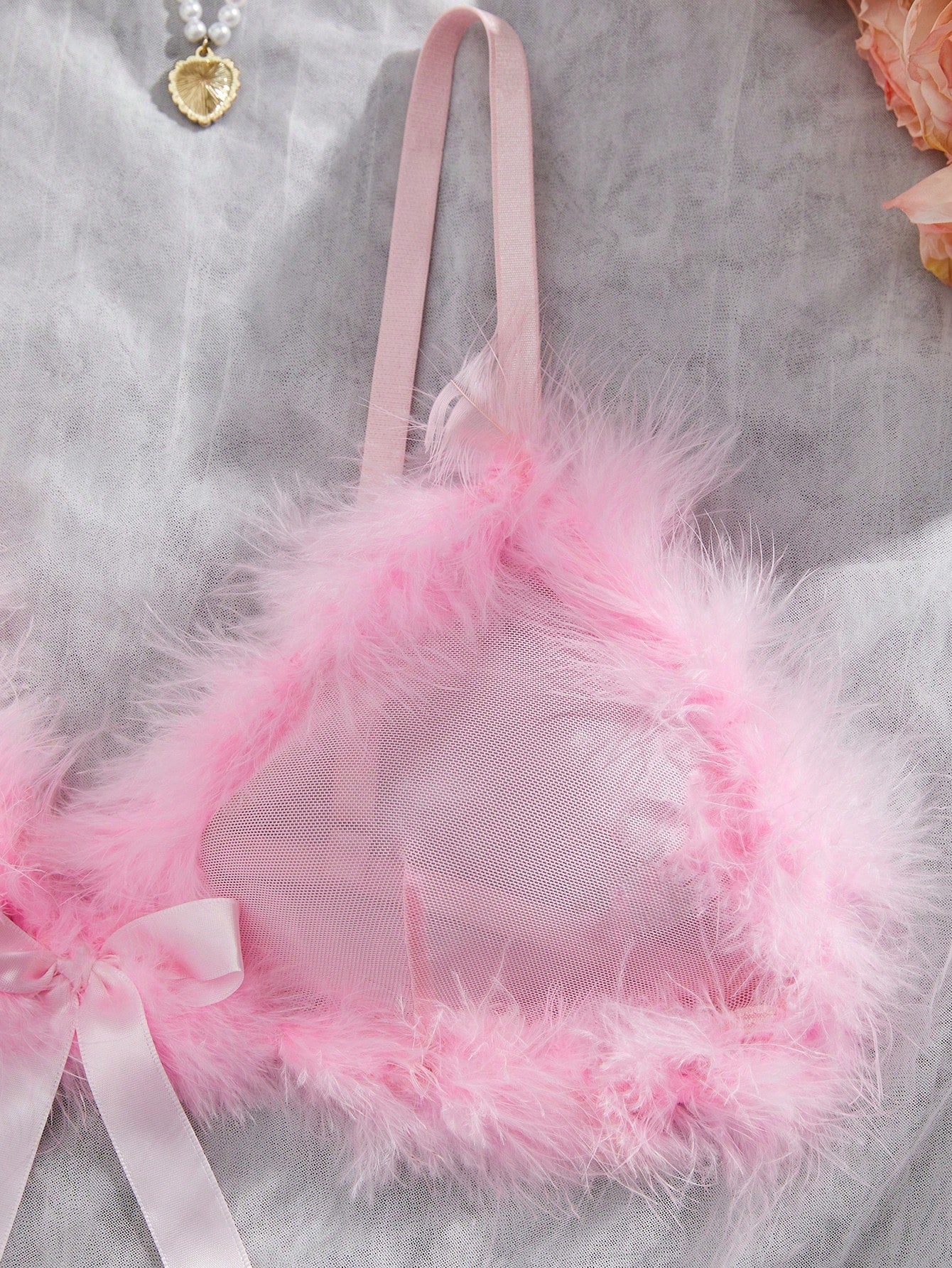 Kawaii 2pcs Sexy Lingerie Set For Women, Includes Sheer Mesh Bra With Fluffy Trim And Matching Thong Panty, Suitable For Valentine's Day, Dates, Nightclub Wear