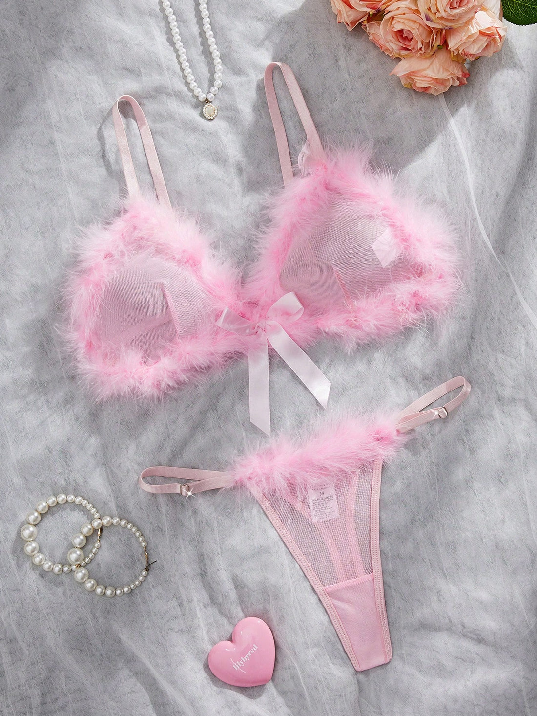 Kawaii 2pcs Sexy Lingerie Set For Women, Includes Sheer Mesh Bra With Fluffy Trim And Matching Thong Panty, Suitable For Valentine's Day, Dates, Nightclub Wear