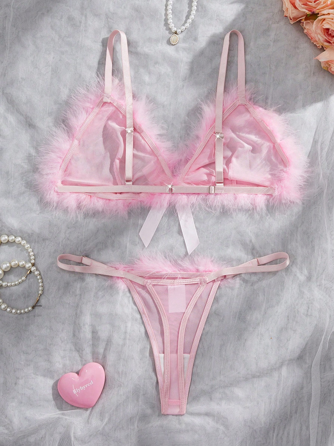Kawaii 2pcs Sexy Lingerie Set For Women, Includes Sheer Mesh Bra With Fluffy Trim And Matching Thong Panty, Suitable For Valentine's Day, Dates, Nightclub Wear