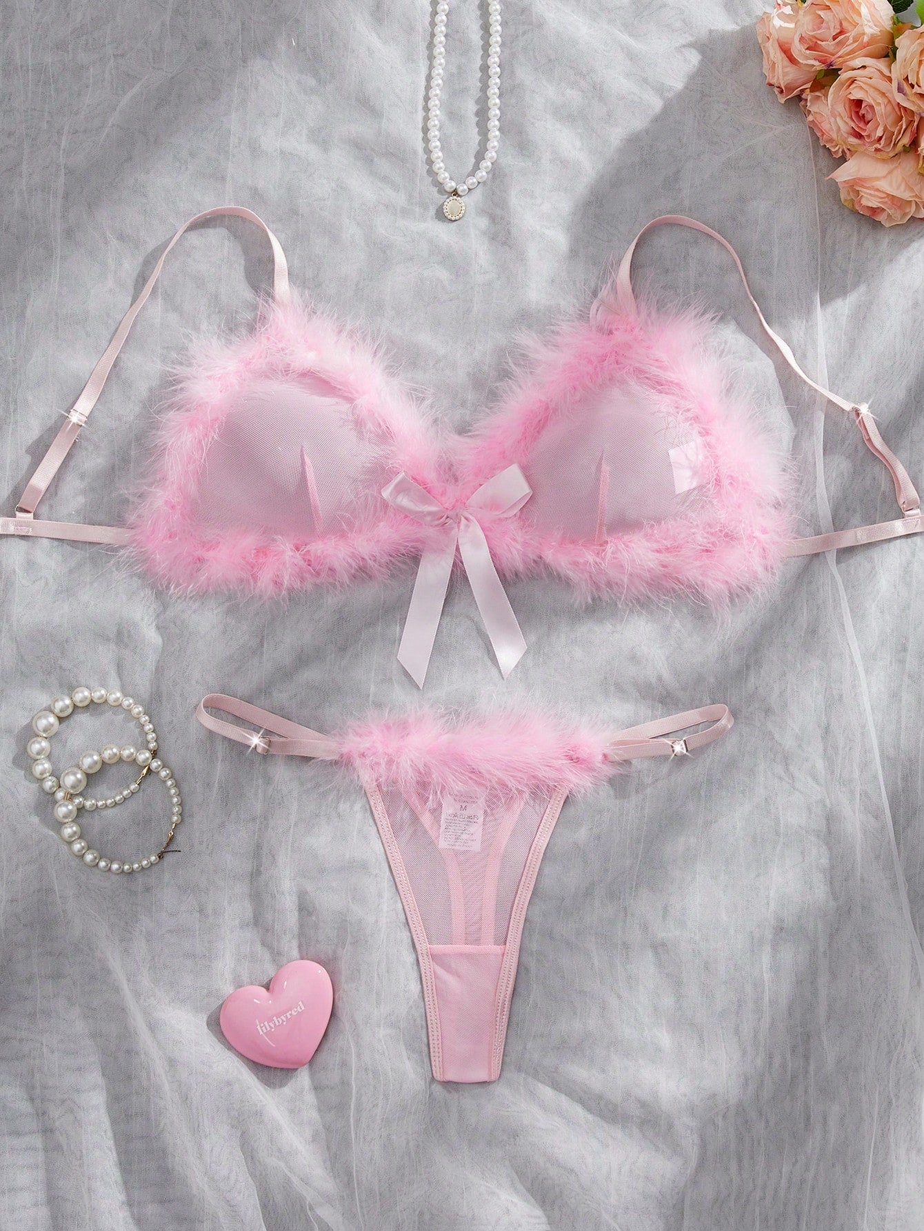 Kawaii 2pcs Sexy Lingerie Set For Women, Includes Sheer Mesh Bra With Fluffy Trim And Matching Thong Panty, Suitable For Valentine's Day, Dates, Nightclub Wear