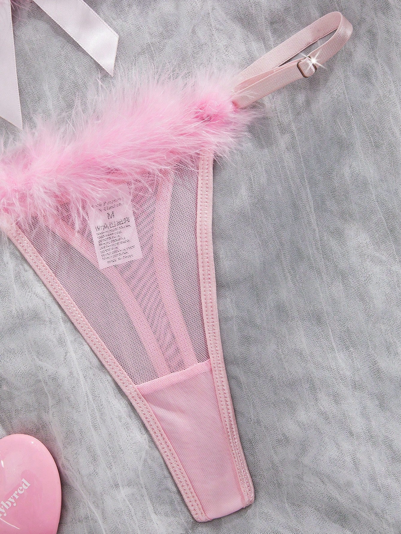 Kawaii 2pcs Sexy Lingerie Set For Women, Includes Sheer Mesh Bra With Fluffy Trim And Matching Thong Panty, Suitable For Valentine's Day, Dates, Nightclub Wear