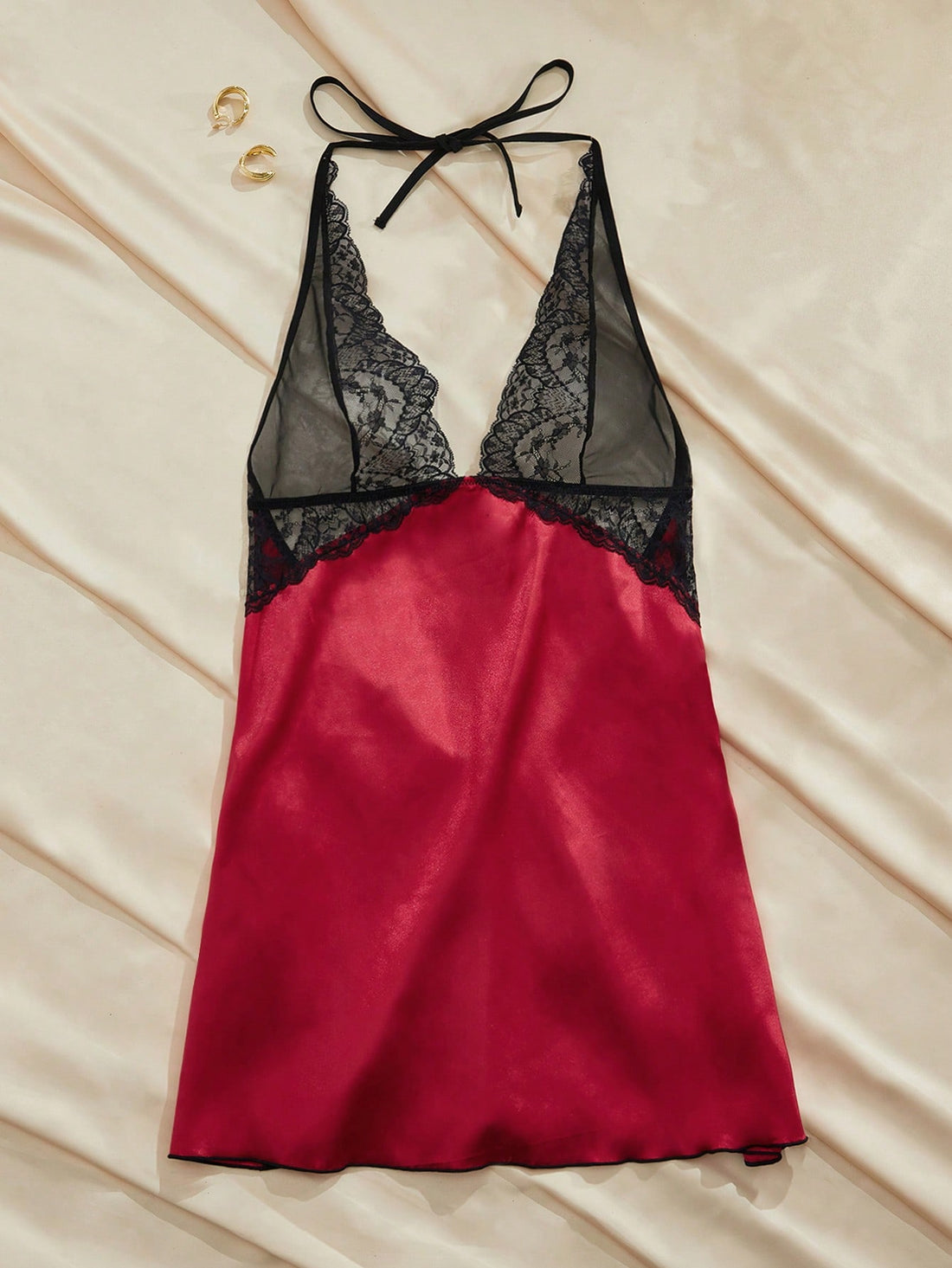 Women's Contrast Color Lace Patchwork Backless Halter Sexy Nightgown