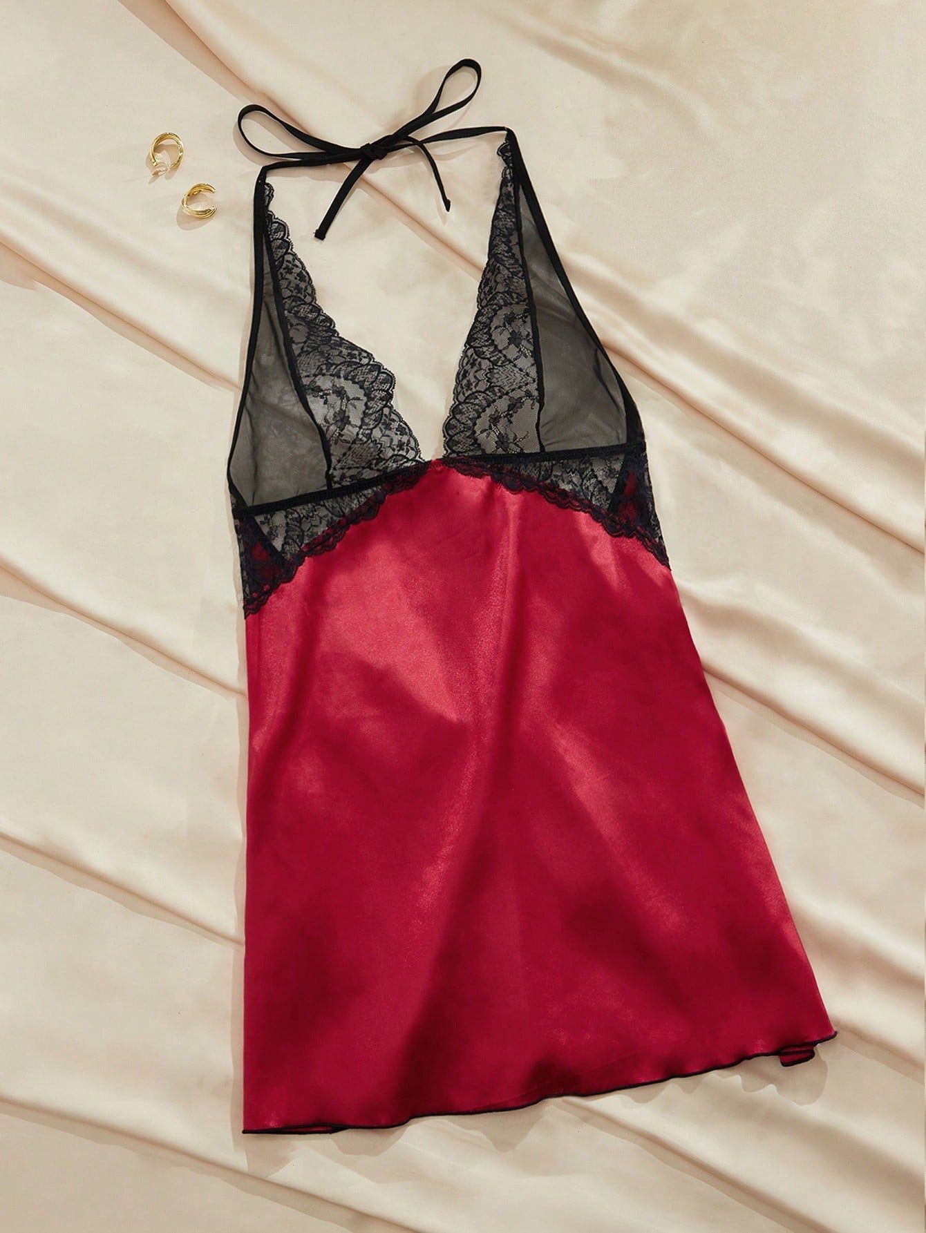 Women's Contrast Color Lace Patchwork Backless Halter Sexy Nightgown