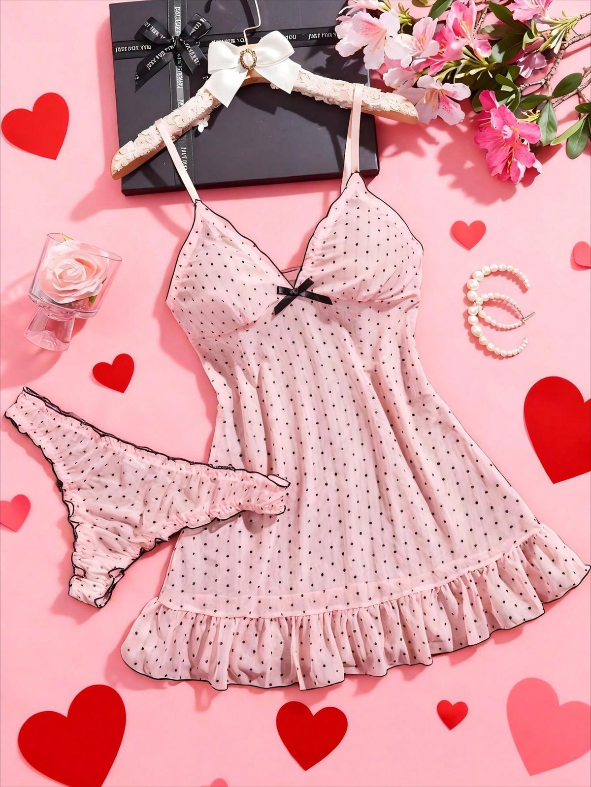 2pcs Polka Dot Sexy Mesh Nightgown Set For Women, Camisole Dress Set (Includes Panties)