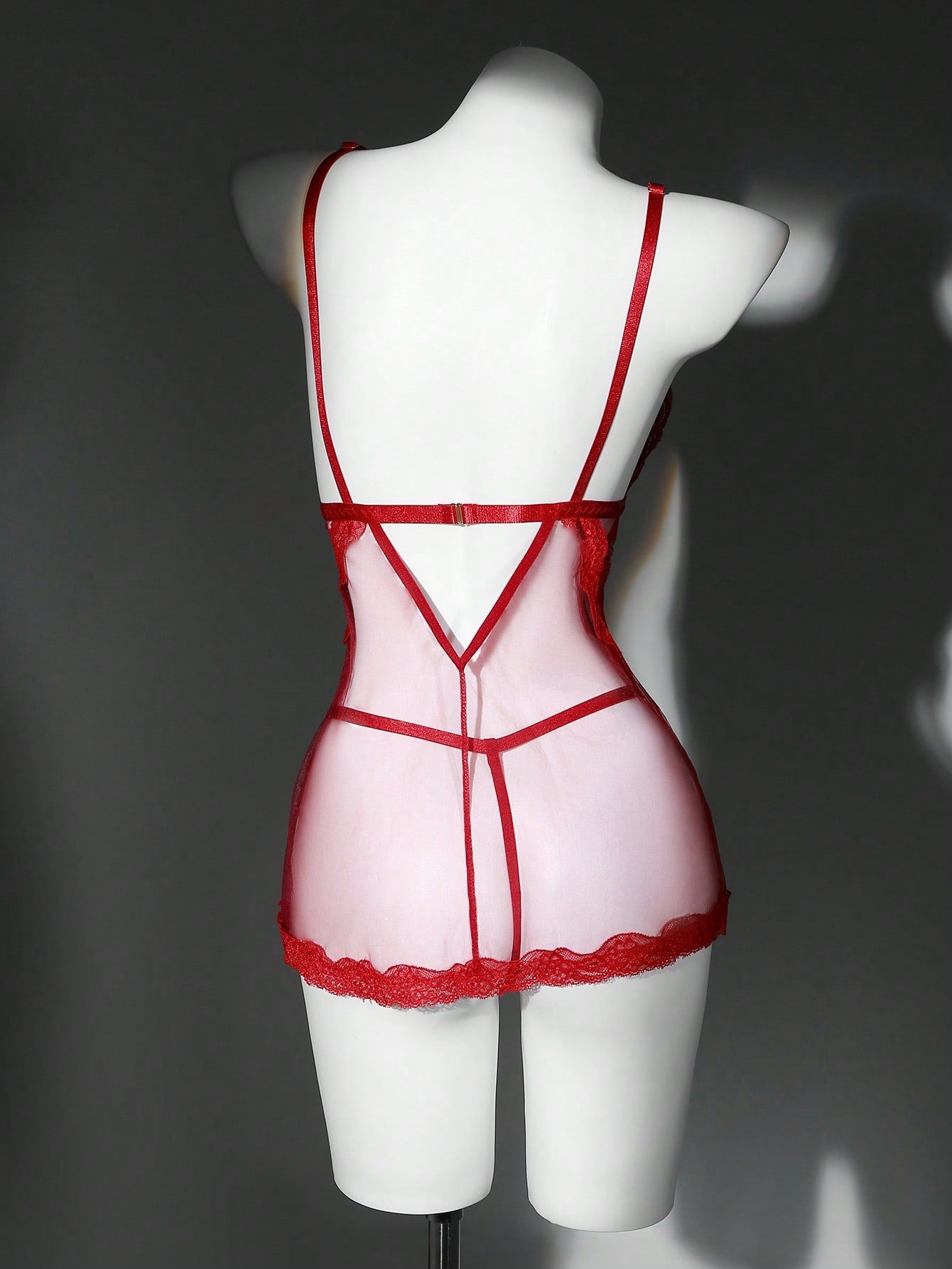 Women's 2-piece lace mesh lingerie set featuring a sheer, backless short nightgown with adjustable spaghetti straps and a matching low-rise thong (G-string); wireless triangle style, available in Black, Burgundy, and Multicolor.