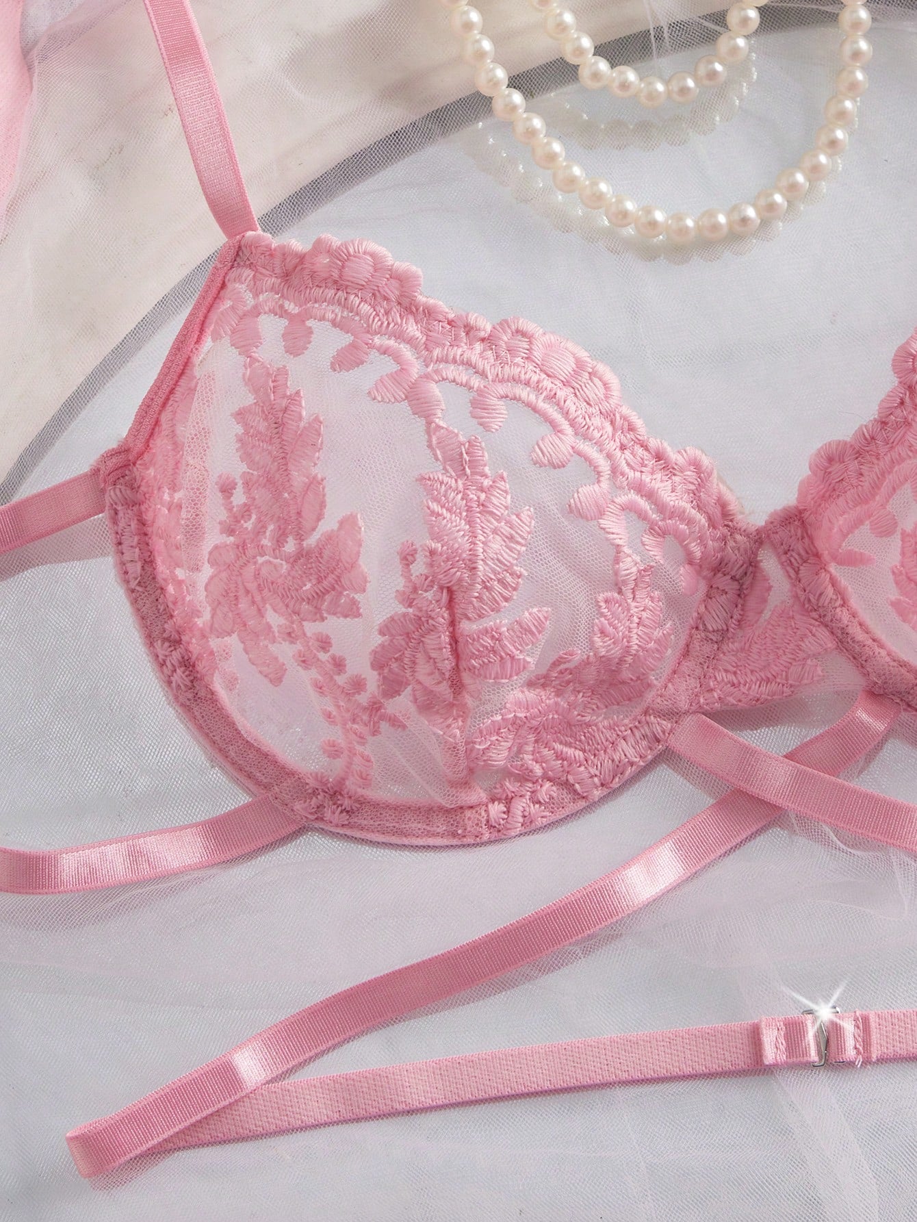 Women's 2-piece sexy lingerie set featuring floral embroidery, underwire demi bra with adjustable spaghetti straps, and matching low-rise thong.
